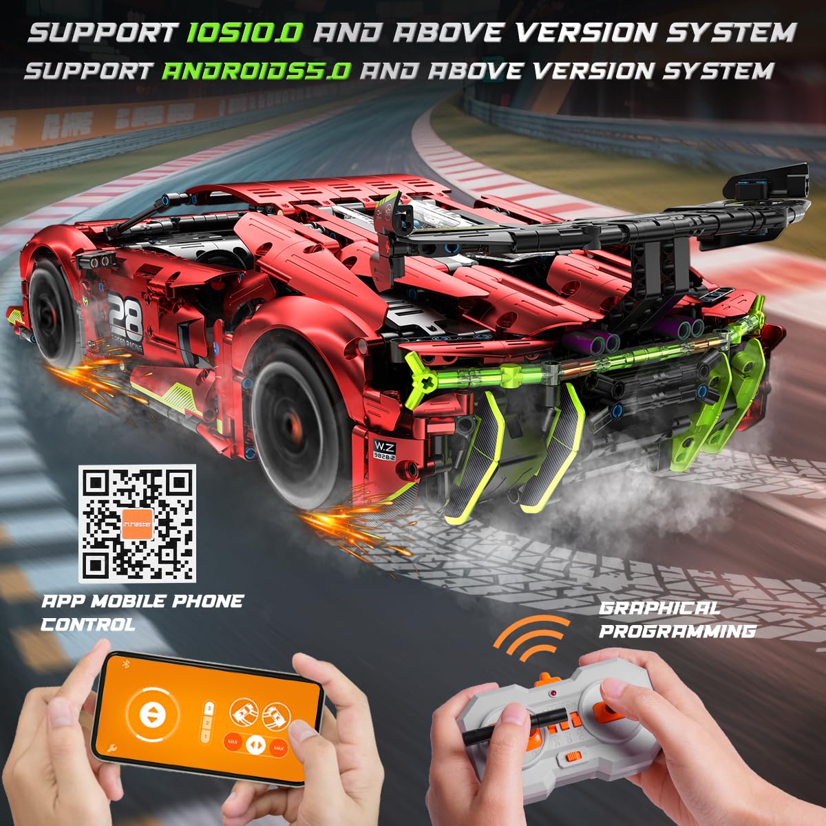 HiWEEGO Technique Kit de Construction de Voiture Télécommandée – Échelle 1:10 2,4 GHz Rechargeable Drift Voiture de Course 2202 Pièces Modèle de Voiture de Course Jouet de Construction pour Enfants