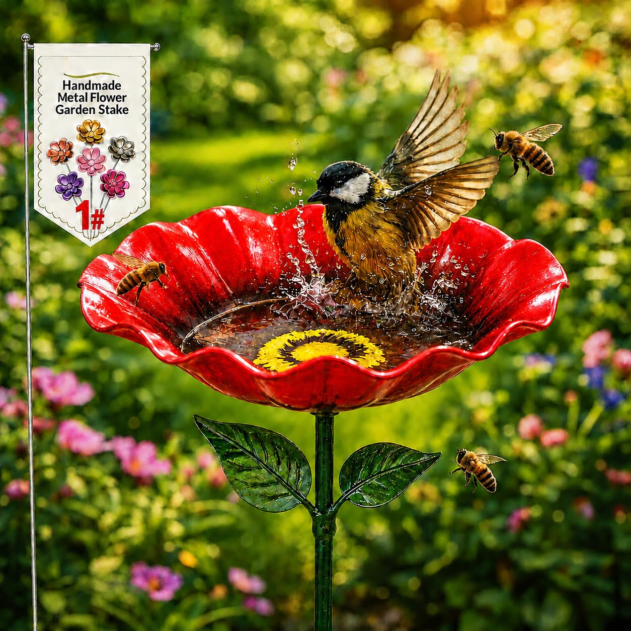 Metal Flower Garden Stakes Bird Bath Handmade, Flower Bird Feeder, Bees Bath for Garden Metal, Colorful Butterfly Bees Bath Bowl for Outdoor Yard Decor (Rose Red, 1PC)