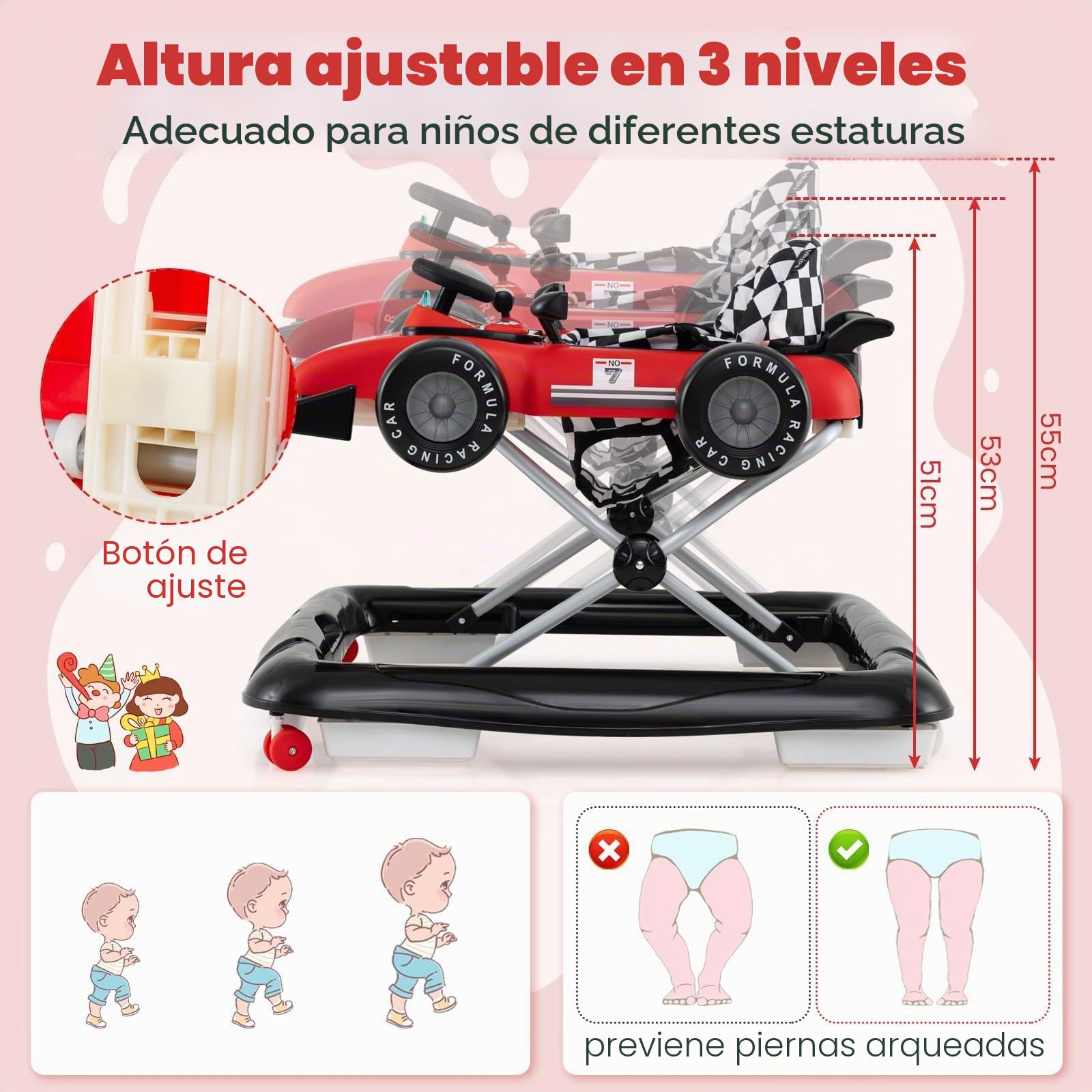 FANTASK Andador plegable 4 en 1, altura ajustable, con volante y caja de música, carrito con ruedas, para bebés de 6 a 18 meses
