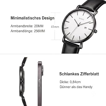 BUREI Stylish Men's Watches Minimalist Ultra Slim Date Large Face Watch with Teacher Strap White