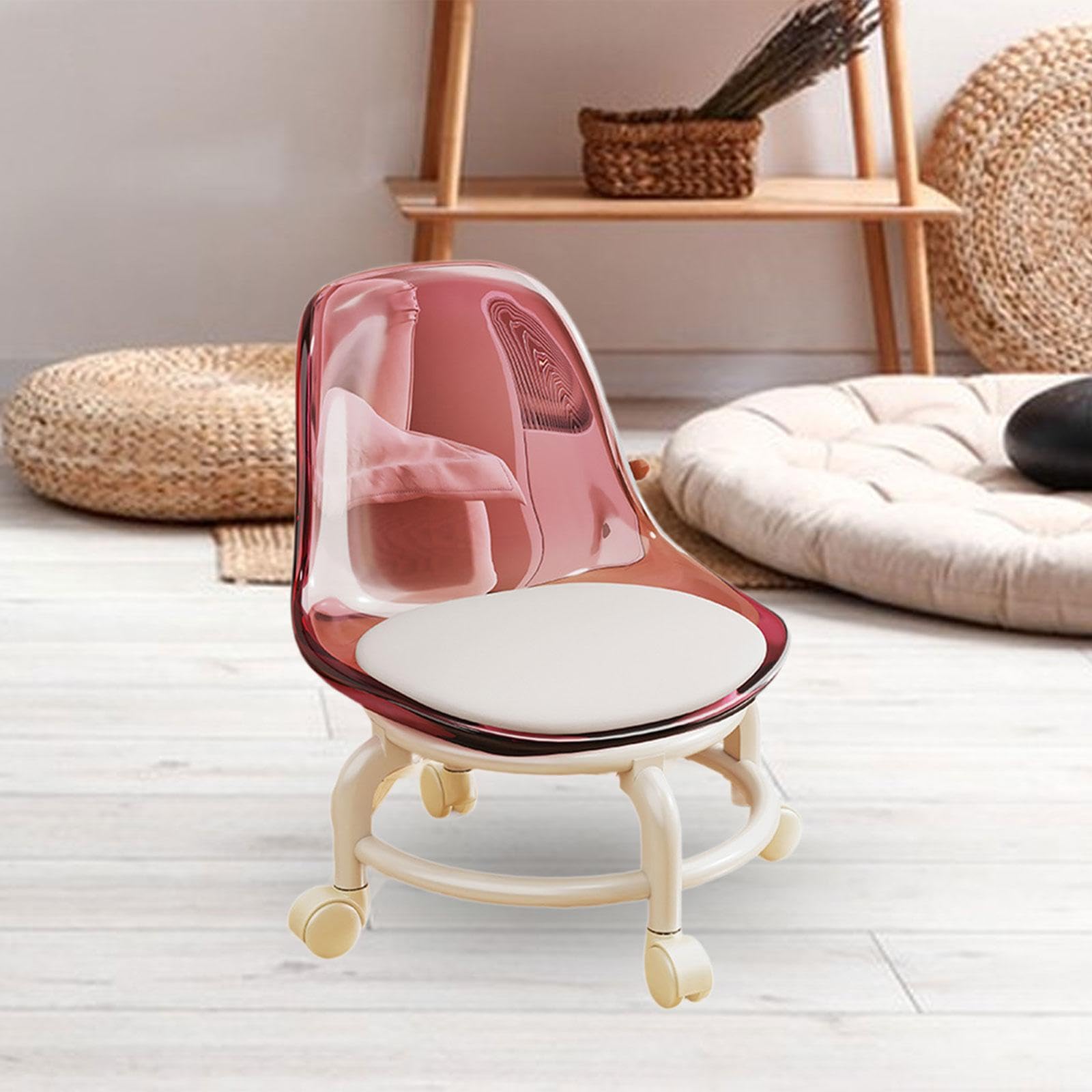 Taburete con Ruedas y Asiento Giratorio, Taburete para pedicura, para Oficina, Garaje, Cocina, Limpieza de Suelos, peluquería, Rosa