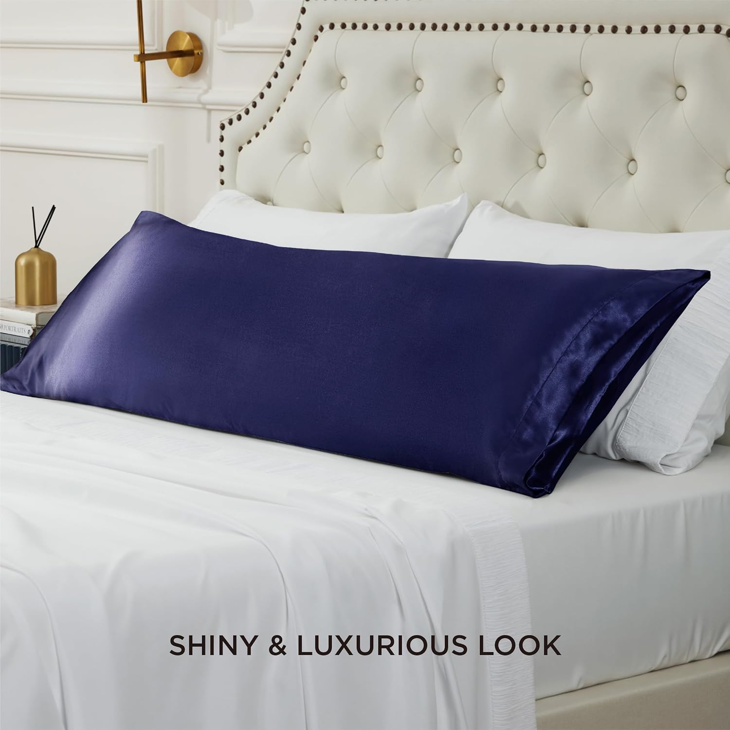 Bedsure Body Pillow Cover 20x54 Inches - Navy Satin Similar to Silk Pillowcase for Hair and Skin, Cooling and Silky Long Body Pillow Pillowcase for Adults with Envelope Closure, Gifts for Women Men