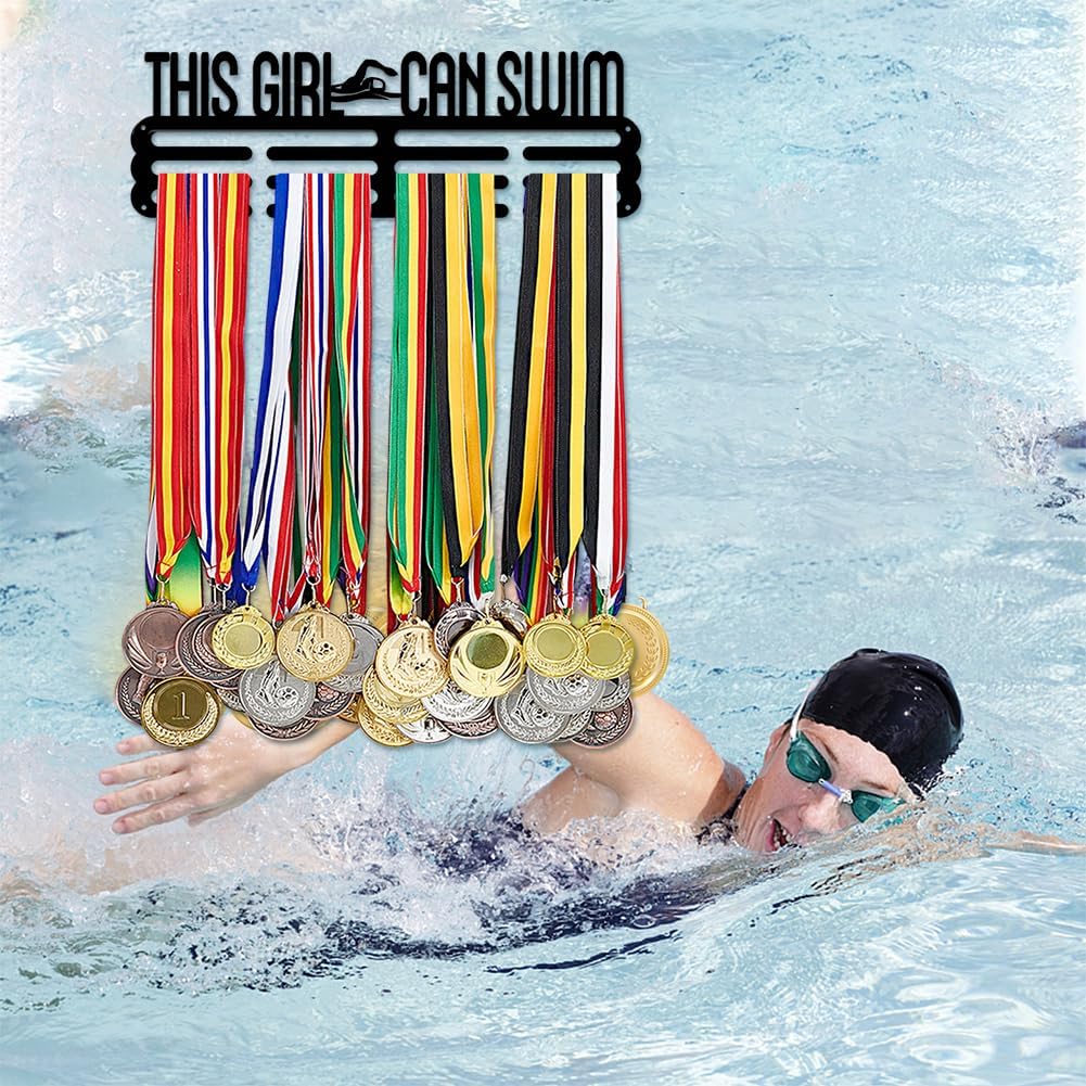 PH PandaHall Medal Holder Display Swimming Medal Hanger Award Ribbon Hanger 3 Lines Trophy Shelf Awards Ribbon Cheer Gymnastics Sport Award Rack Wall Mount Metal Frame for Over 50 Medals