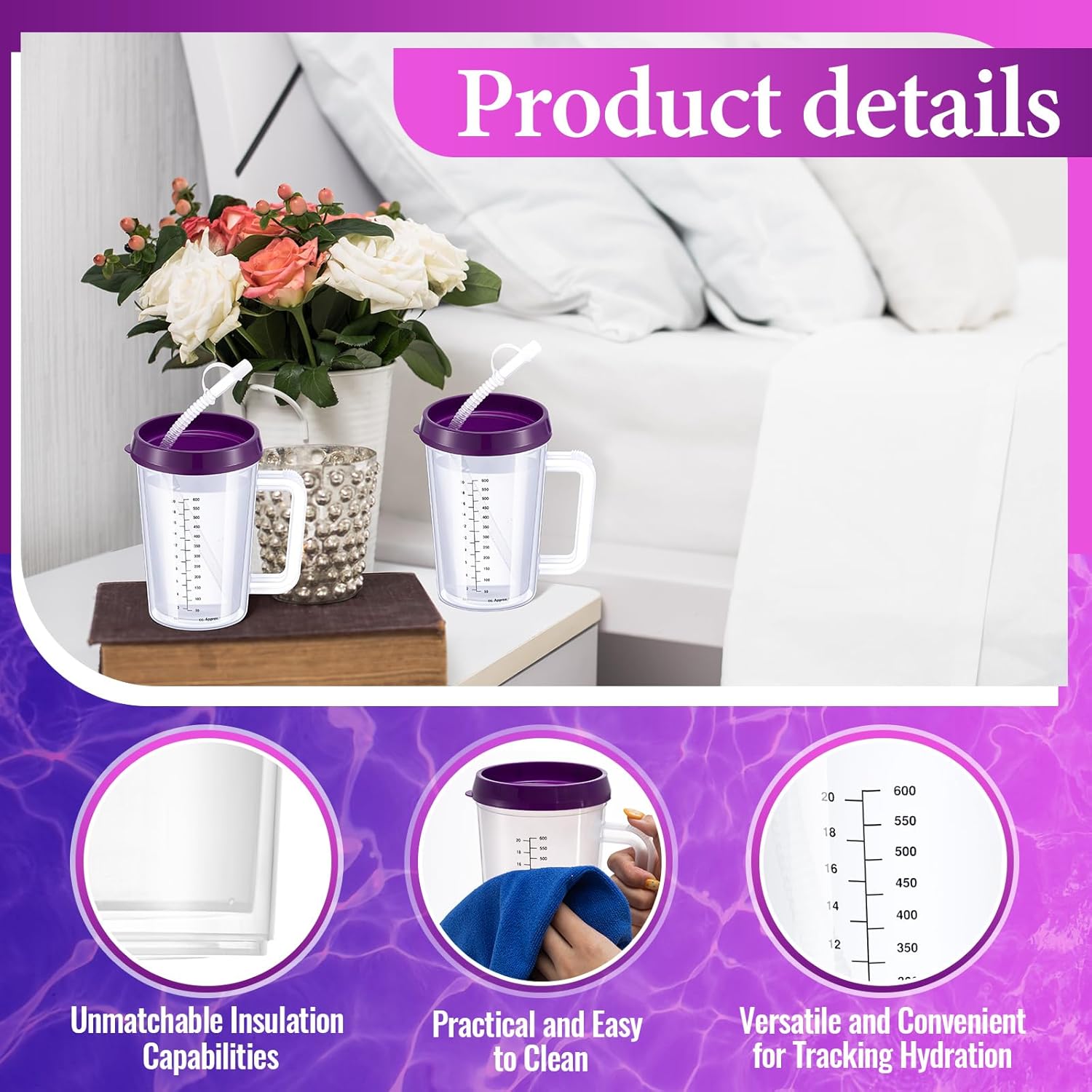 4 Pcs 20 oz Hospital Water Cup with Straw and Lid Insulated Double Walled Elderly Water Bottle Hospital Carafe Mug with Handle Graduated Plastic Drinking Sippy Cup for Adult(Purple)