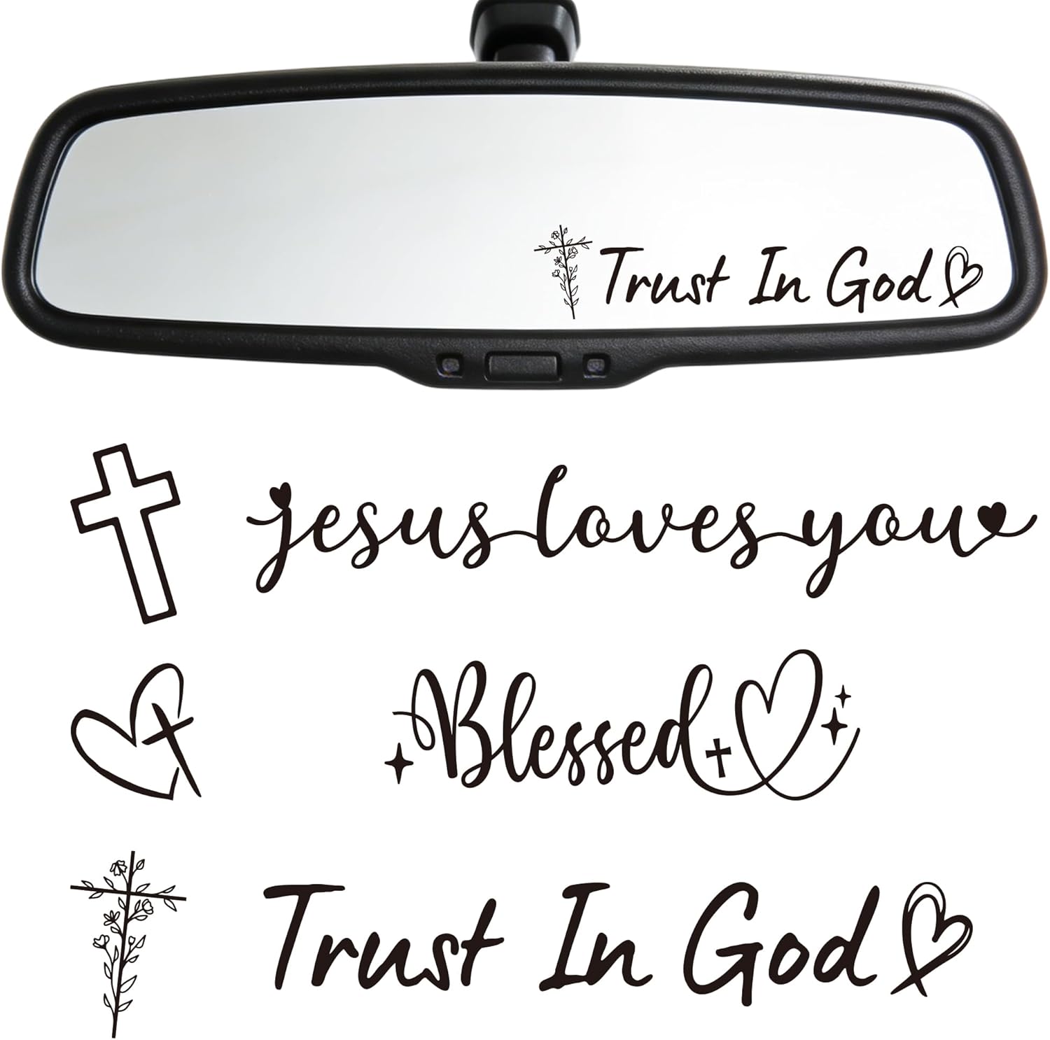 6 Pcs Trust in God Rearview Mirror Stickers, Christian Car Decals for Faith Inspiration, Jesus Loves You Cross Vinyl Mirror Sticker for Cars Auto Window Laptop Decorations (Black)