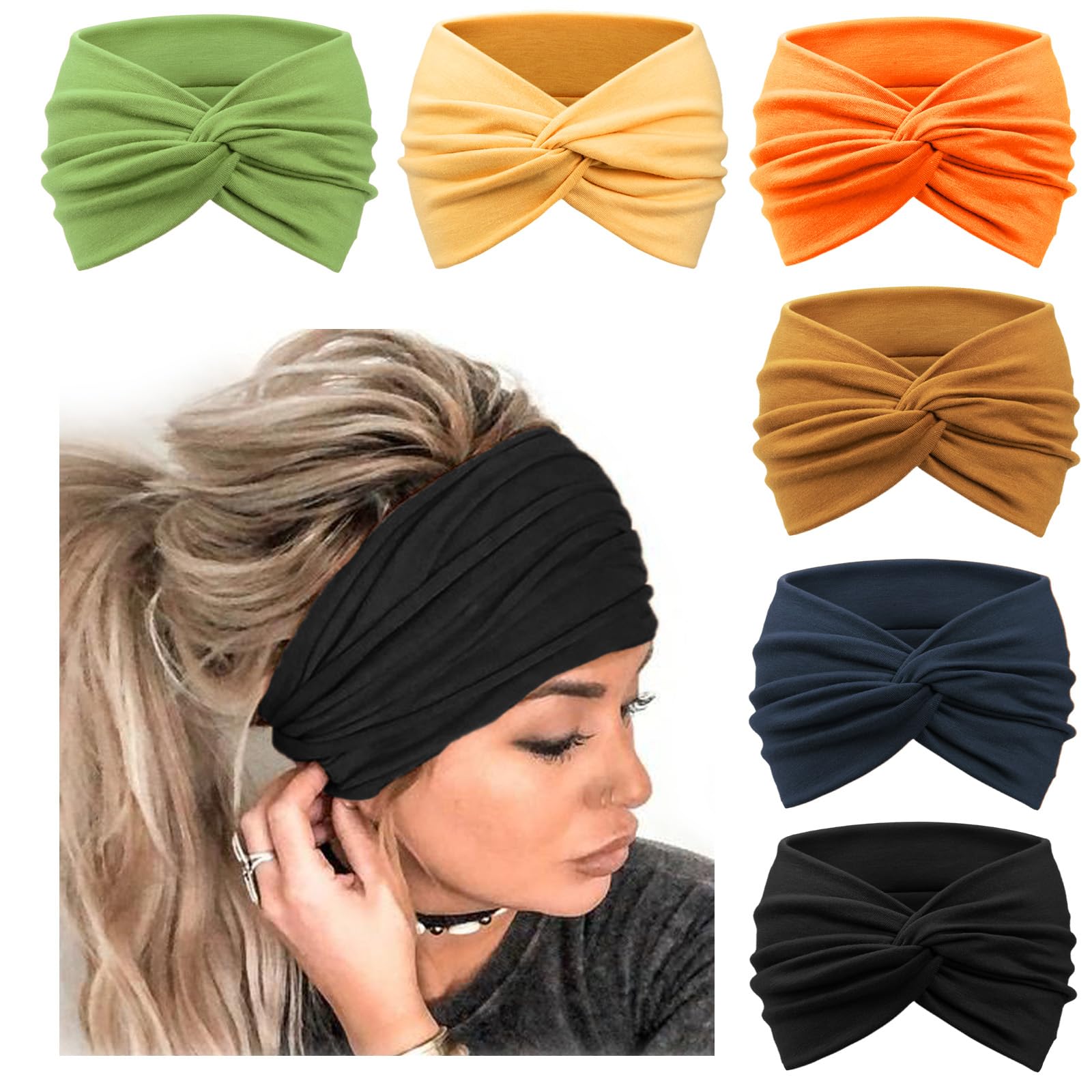 Dreshow Women's 6 Pack: Wide Headbands Set80-10 6 Pack Wide Headbands For Extra Large Turban Headband Boho Head Wrap Elastic Hairbands Hair Twisted Knot Hair Accessories
