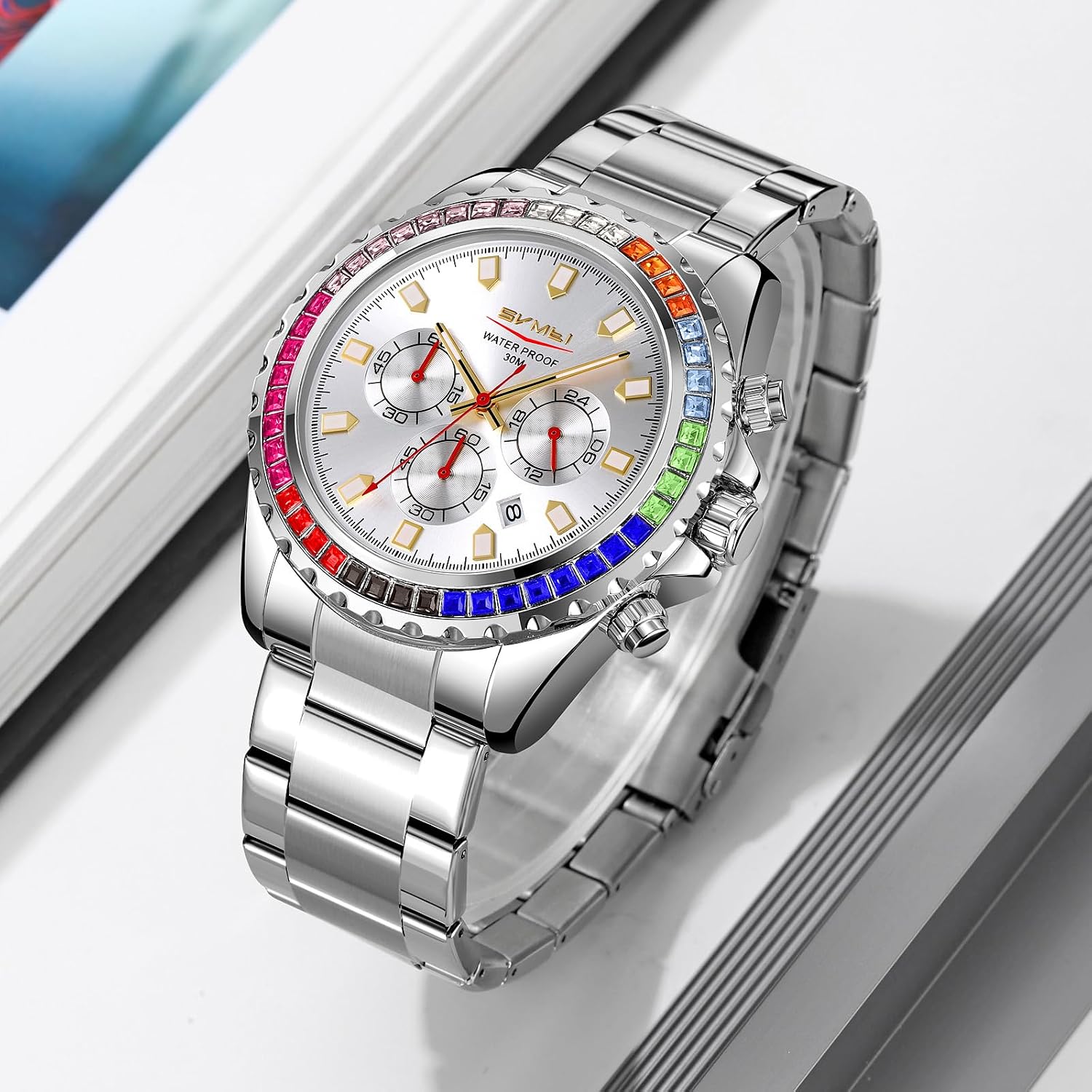 Men's Luxury Gold Watch Colored Diamonds Stainless Steel Waterproof Date Quartz Movement Bold Sports Fashion Accessory for Men