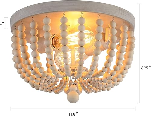 Miniatura 3 de Q&S Boho Chandelier Wood Beaded Flush Mount Ceiling Light Fixtures for Nursery Baby Bedroom Kitchen Hallway,Oak White Finish,2-Lights