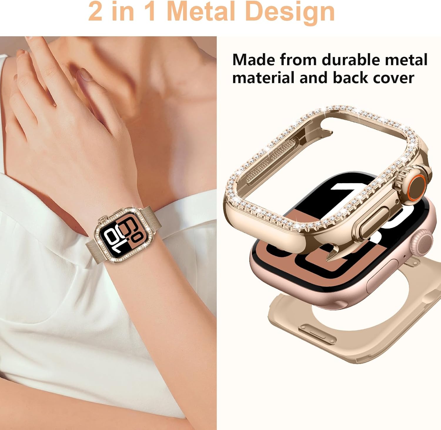 Metal Case Compatible with Apple Watch Series 11/10 46mm for Women, Bling Diamond Frame Bumper with Back Cover Protective Cover for iWatch 46mm, Rose Gold - Image 6