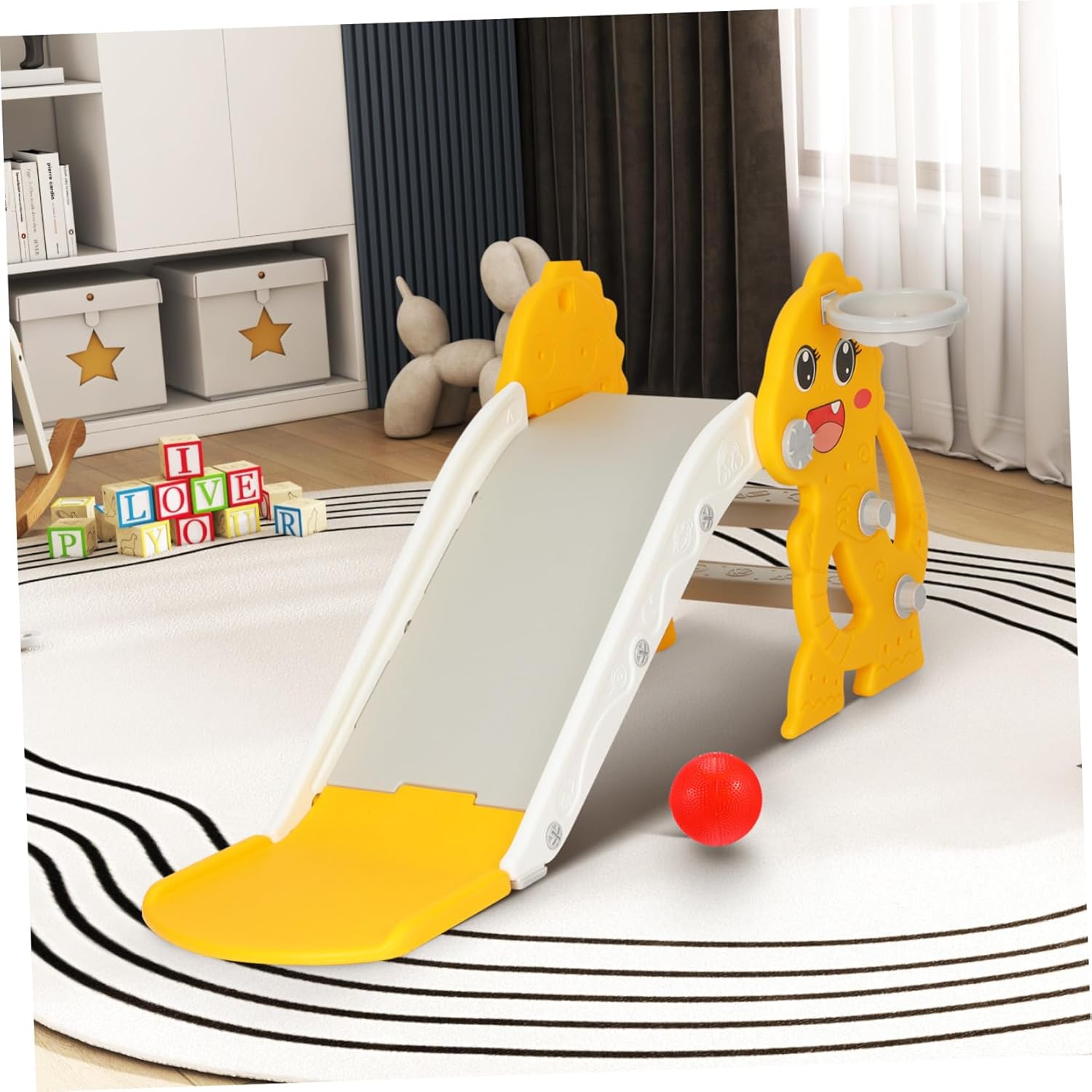 Slide Playset with Detachable Basketball Hoop Indoor Outdoor Climbing Gym for Ages Space-Saving Foldable Three-Section Slide for Safe and Thrilling Play