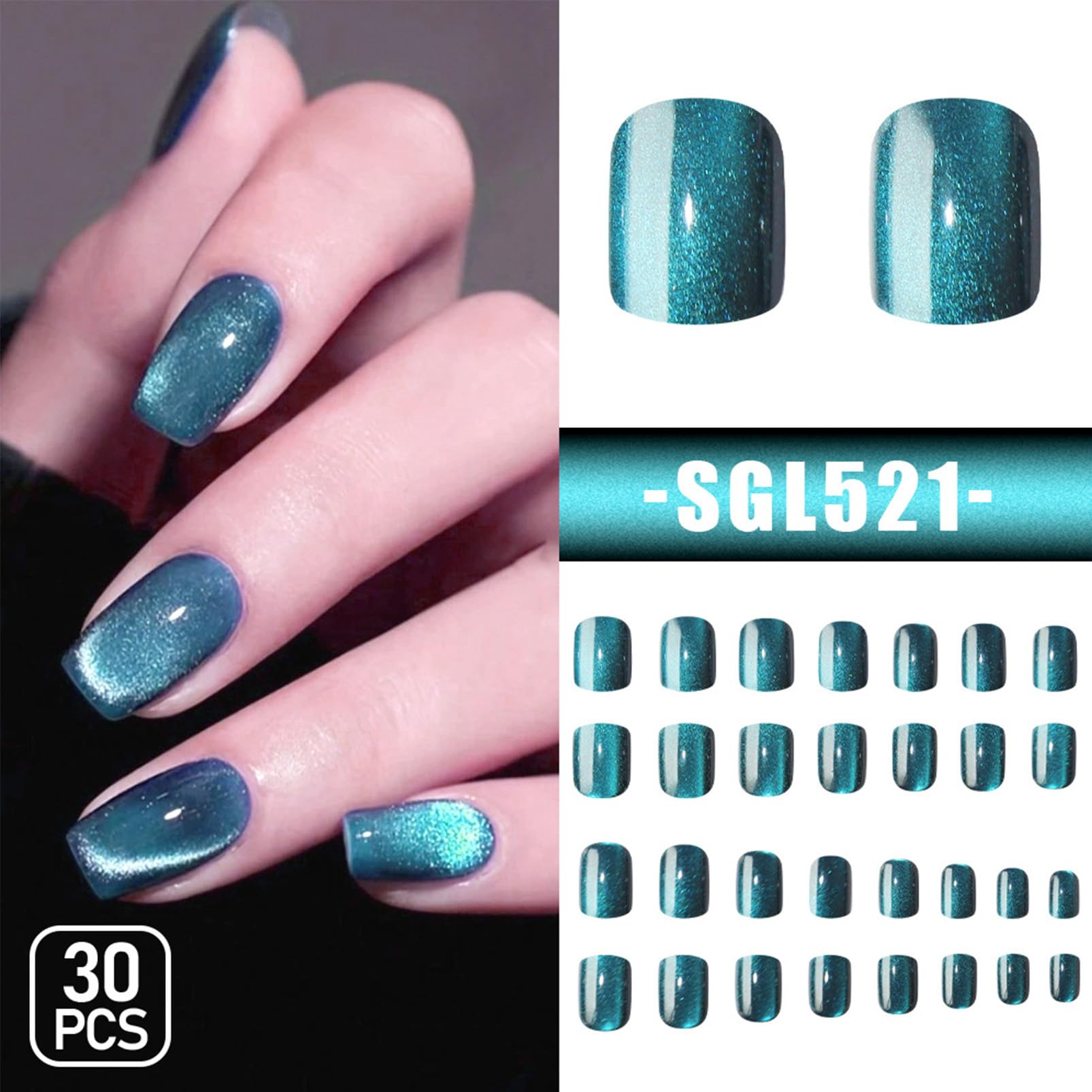 30Pcs Cat Eye False Nails,Mermaid Blue Cat Eye Press on Nails for Women,Mysterious Teal Shimmer Nails Halloween Parties Elements,Wearable Stick on Nail Art for Girls - Image 2