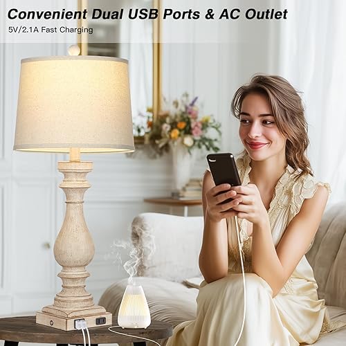 Miniatura 2 de Juego de 2 lámparas de mesa estilo granja de 29 pulgadas para sala de estar, lámparas de noche vintage con puertos USB C+A y salida de CA, control