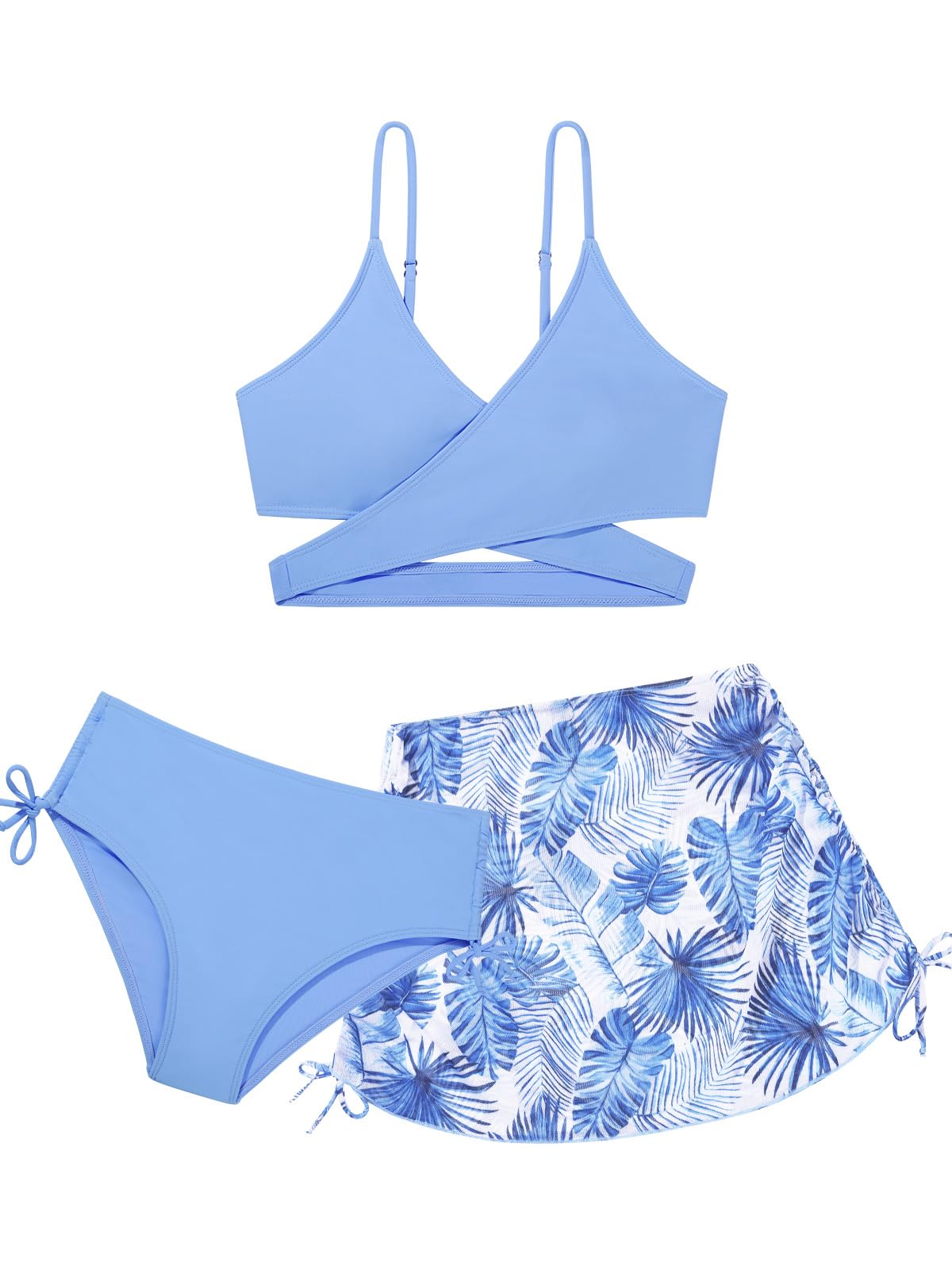 Girls 2 Piece Swimsuits with Skirts Criss Cross Swim Bathing Suits Teen Girls' Swimwear Adjustable Strap Bikini Set