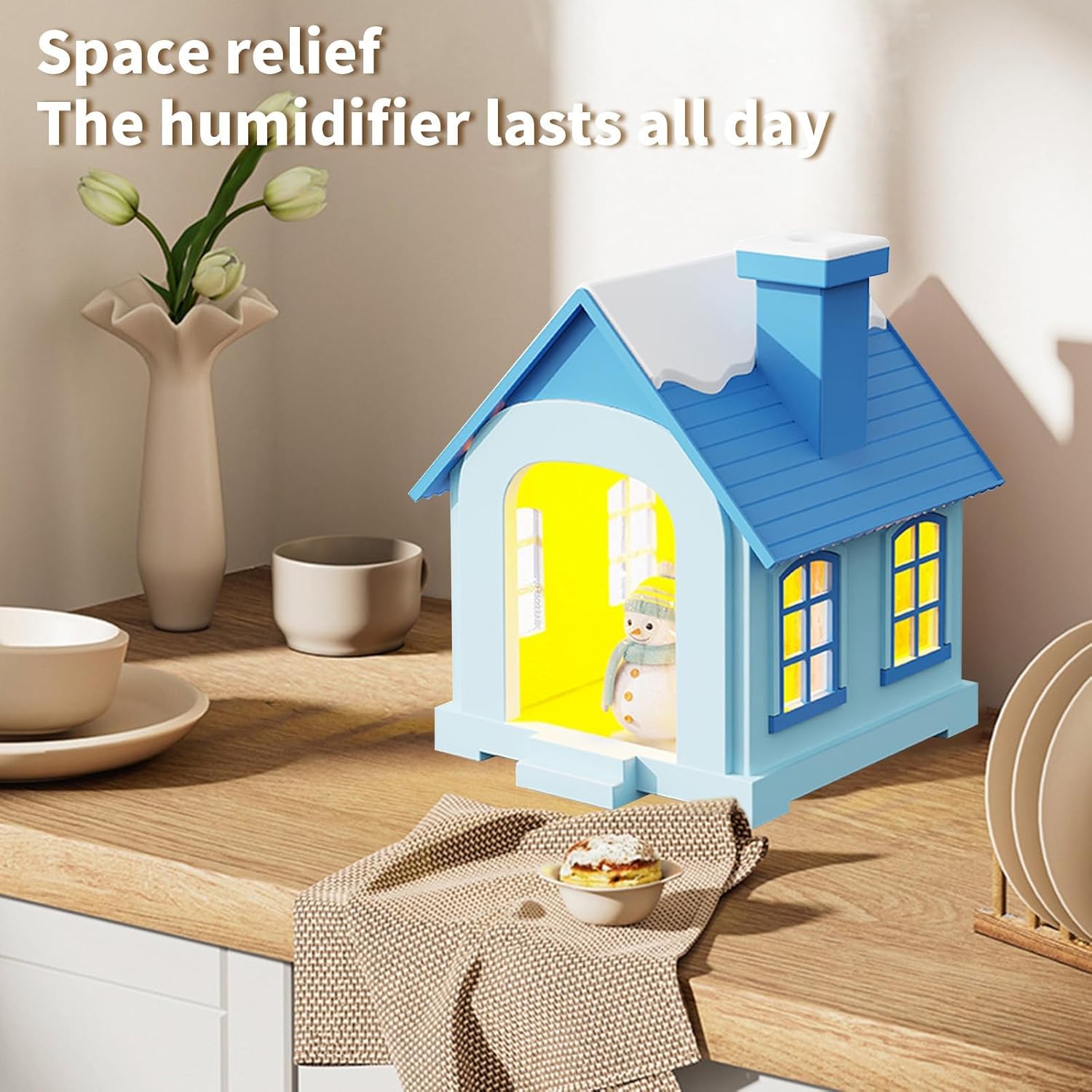 Christmas Village Houses Humidifier 500ml, Cute Snow House Cool Mist Humidifier with Snowman Figurines & Night Light for Bedroom & Office Décor (Blue)