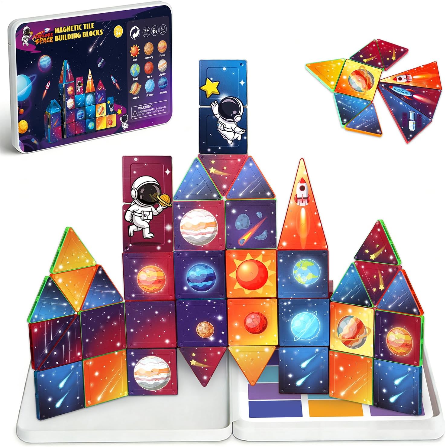 Mini Space Magnetic Tiles - 52Pcs STEM Travel Building Blocks with Metal Tin Case, Educational Montessori Toy for Kids 3+, Rocket & Planet Construction Kit for Creative Play