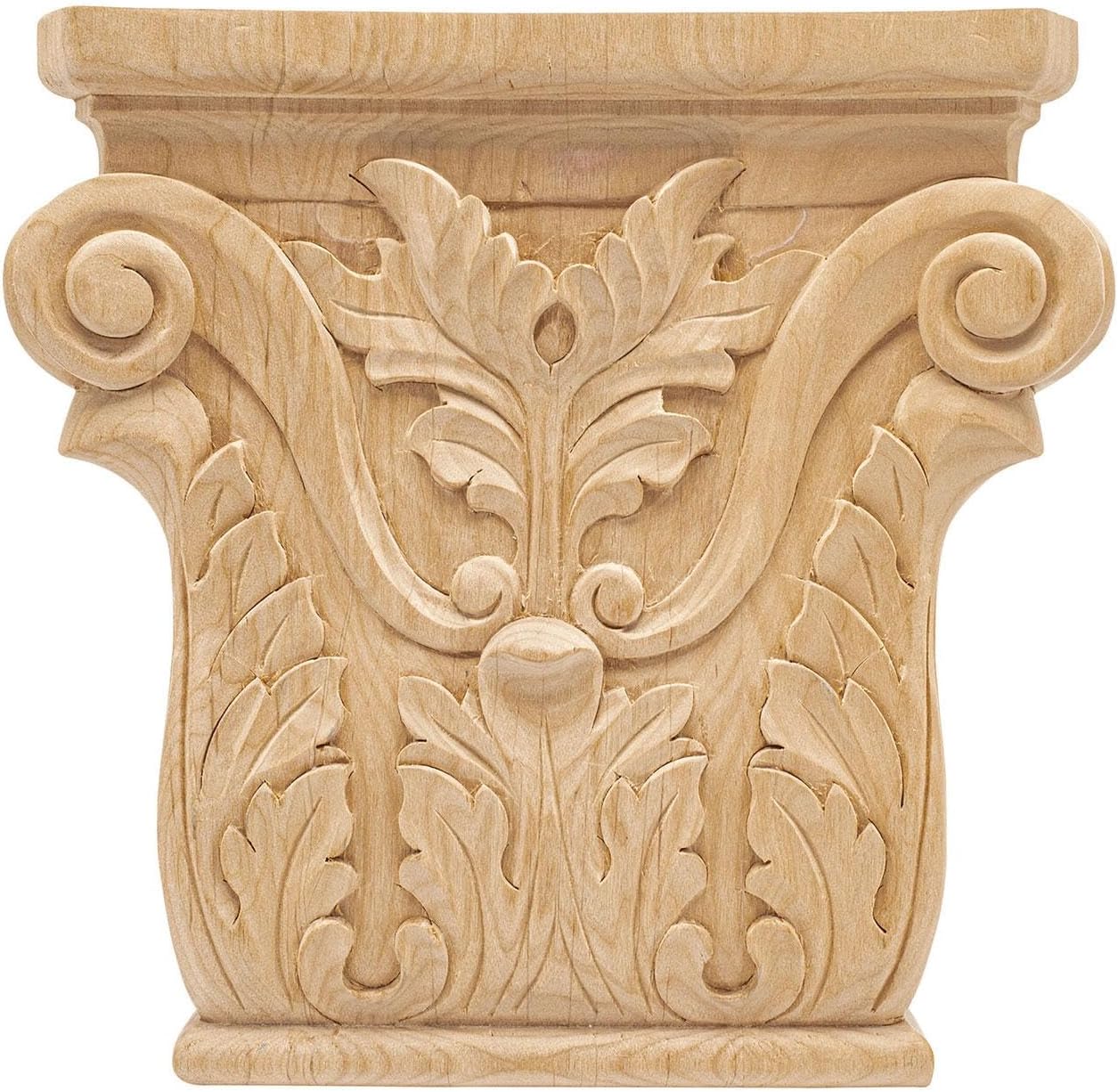 8-1/8 inch x 8-1/8 inch x 1-5/8 inch Unfinished Hand Carved North American Alder Acanthus Wood Onlay Capital Wood Applique