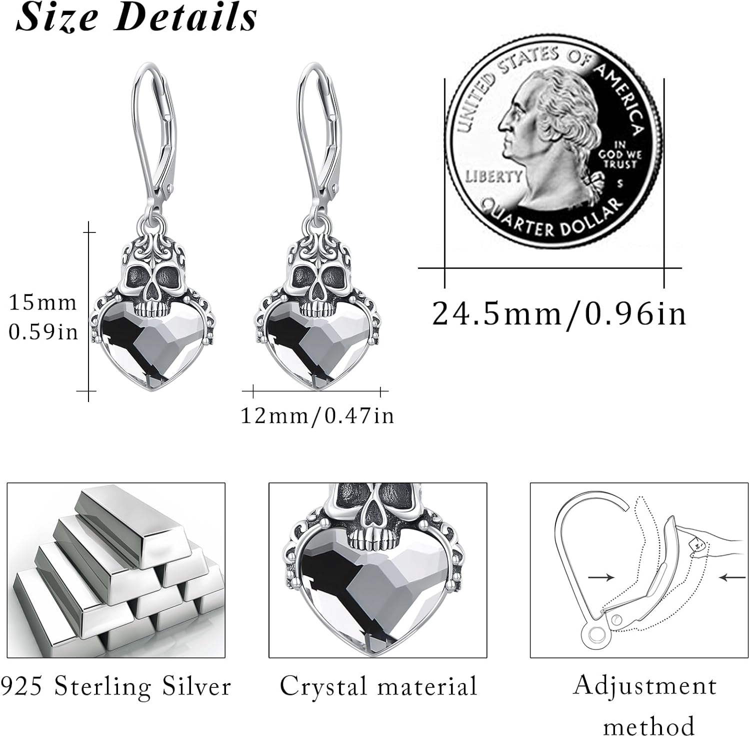 Sterling Silver Skull Crystal Drop Earrings - Gothic Skull Jewelry Gifts for Women