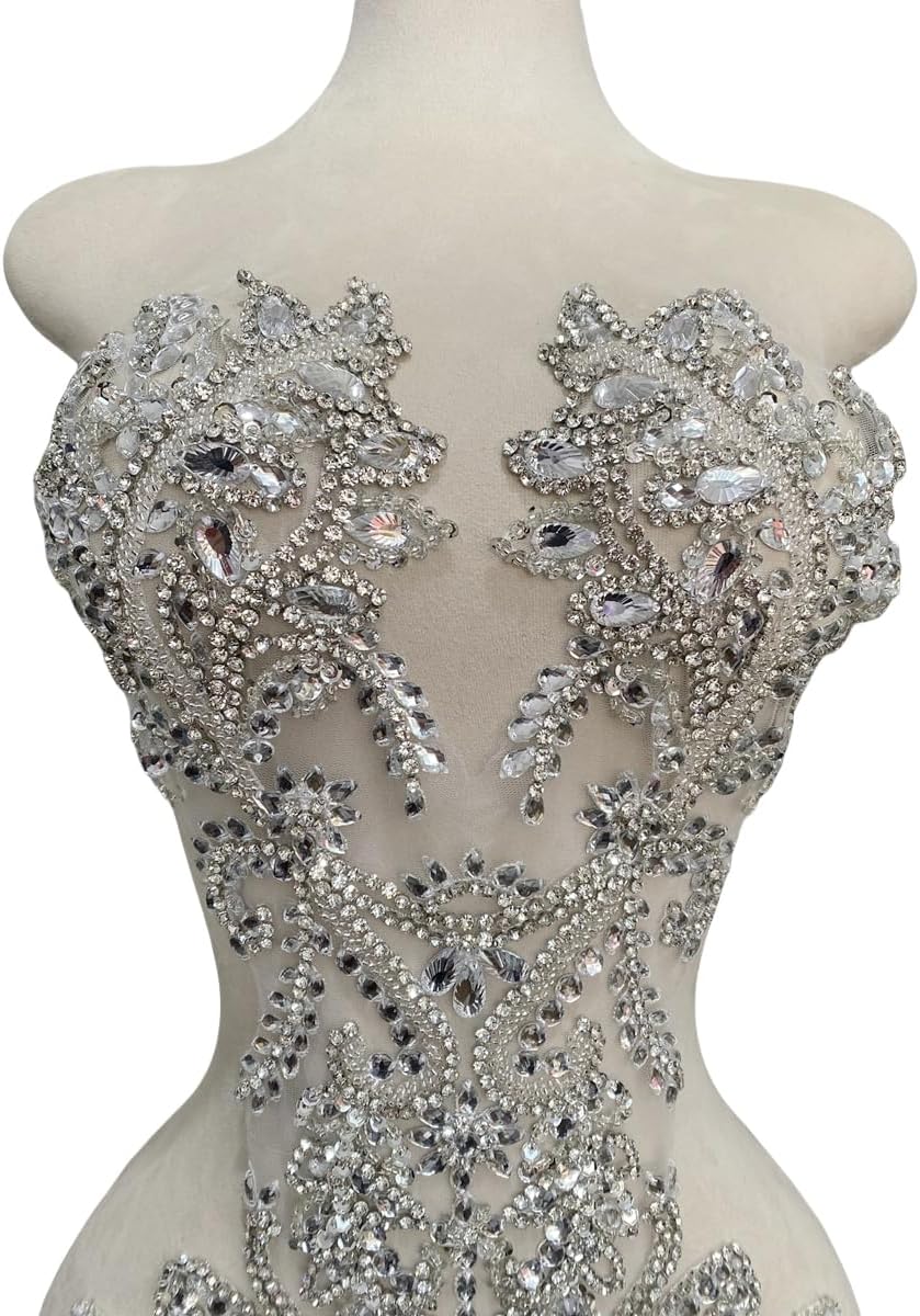 Pure Handmade Beads Rhinestones lace Applique Bodice Patches Trimming sew on Sequins Stones Beads Shining Heavy Decoration for Wedding Dress DIY Accessories 14.5X24.8inches (Silver)