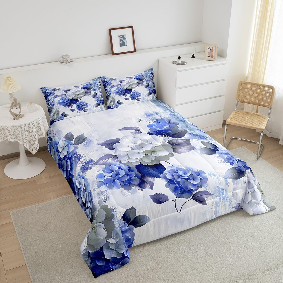 Watercolor Hydrangea Bedding Full Size Chic Flower Floral Comforter Set Full for Girls Women, Watercolor Oil Painting Duvet Insert Ombre Gradient Quilt Comforter, Navy Blue Bedding Comforters & Sets