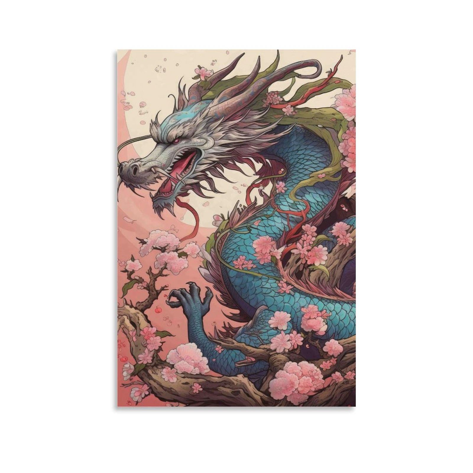 DHBANEIOK Dragon with Cherry Blossoms Wall Decor Poster Giclee Canvas Prints Modern Canvas Wall Art Picture Wall Hanging for Office Gym Living Room Decor 20x30inch(50x75cm)