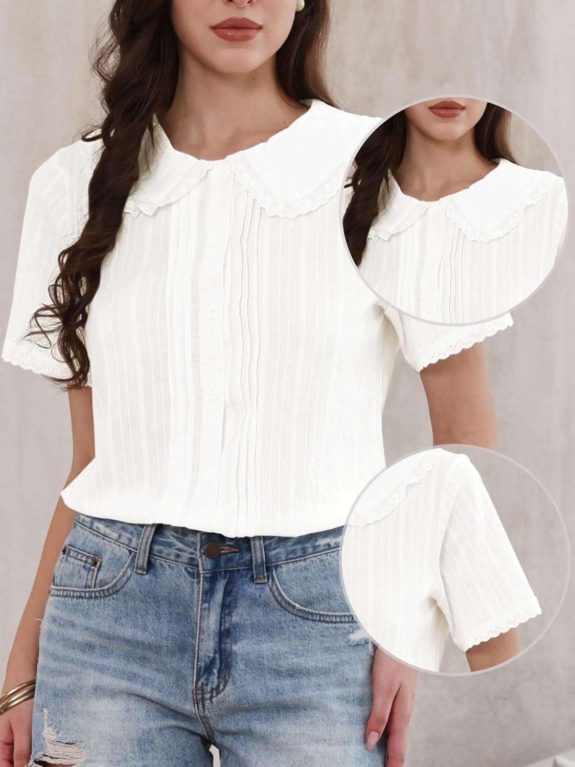 Allegra K Short Sleeve Shirts for Women Ruffle Peter Pan Collar Button Down Cotton Blouse Casual Summer Tops - Image 4