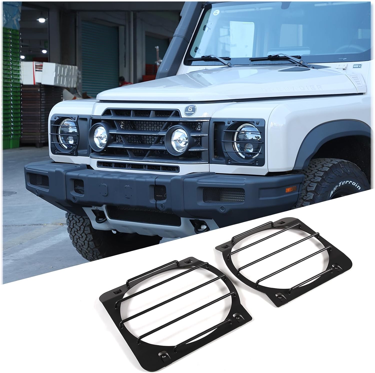 Headlight Guard Compatible with INEOS Grenadier 2020-2025 Accessories, Front Headlight Lamp Guard Trim Protector Cover, Headlight Cover Trim Guards Bezels Cover, Carbon Steel (Matte Black_D)