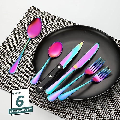 Miniatura 104 de A·HOUSEWARE - Juego de cubiertos iridiscentes con diseño hueco, 20 piezas, acero inoxidable, incluye tenedores, cucharas, cuchillos, utensilios