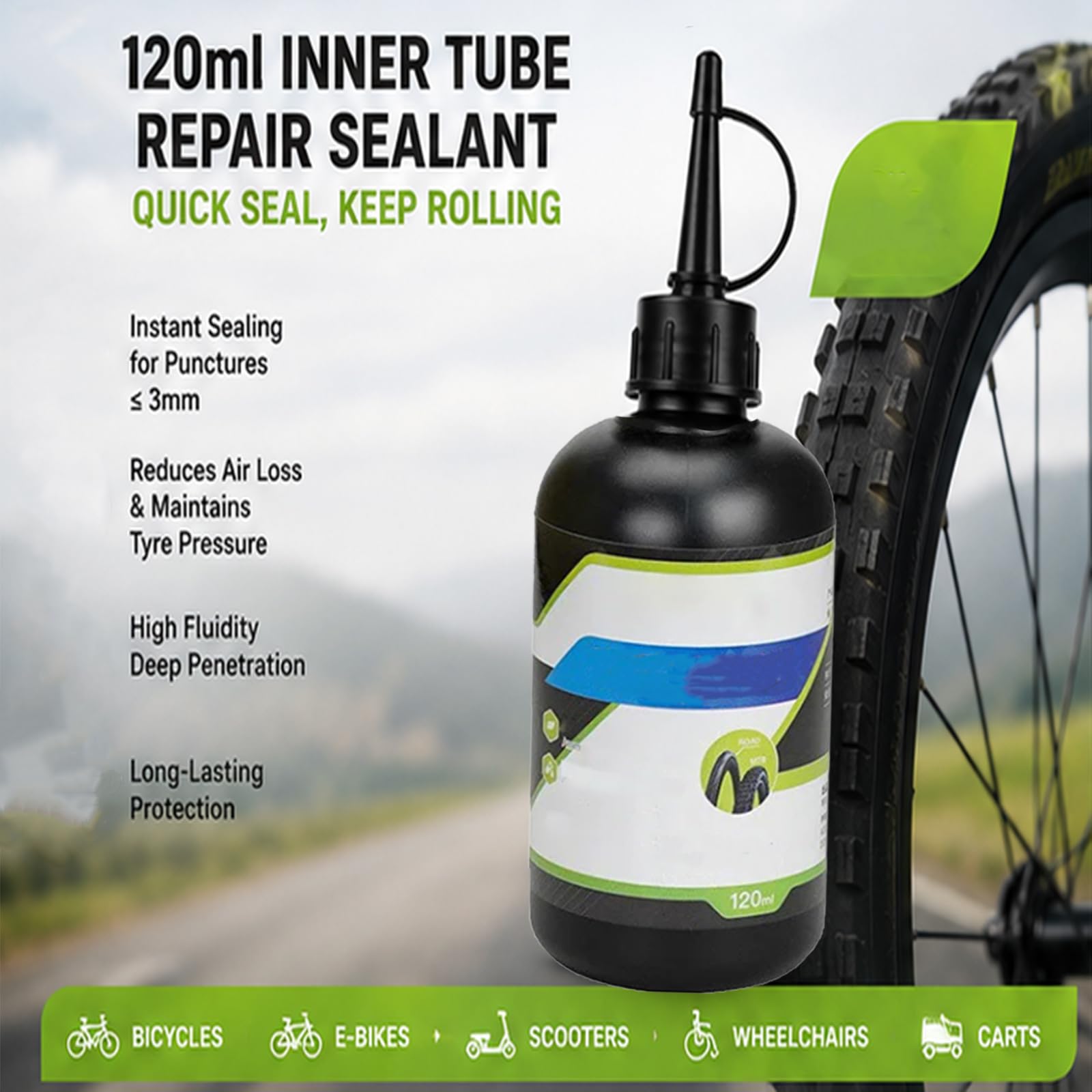 Générique Liquide de réparation pour pneus avec ou sans Chambre à air (120 ML) – pour l'entretien Quotidien et la prévention des fuites sur vélos,vélos électriques et trottinettes (4 PC)