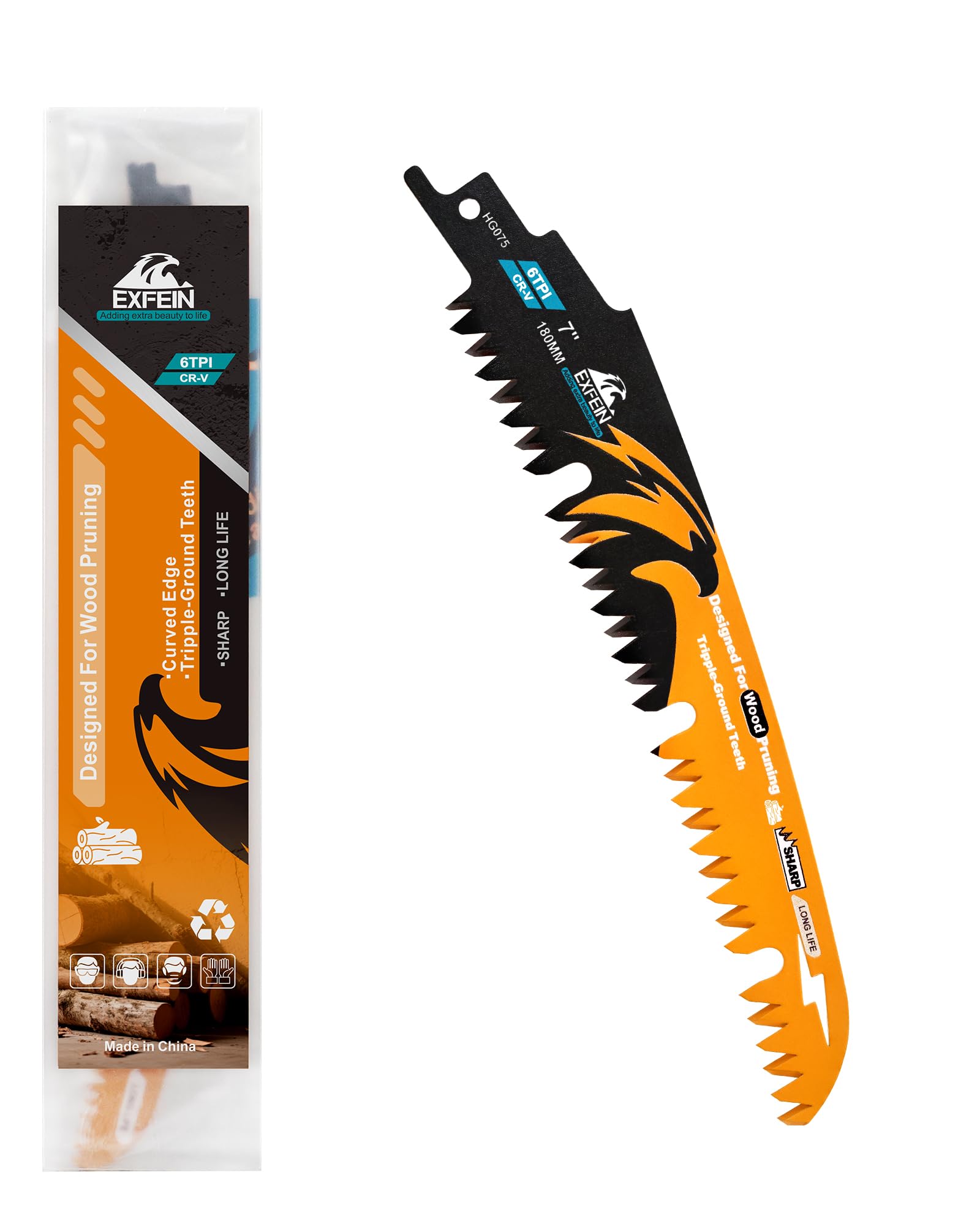 EXFEIN Japanese Teeth Reciprocating Saw Blade 180mm, Arc Edge Wood Pruning Saw Blades 6TPI for Tree Trimming, Wood Cutting