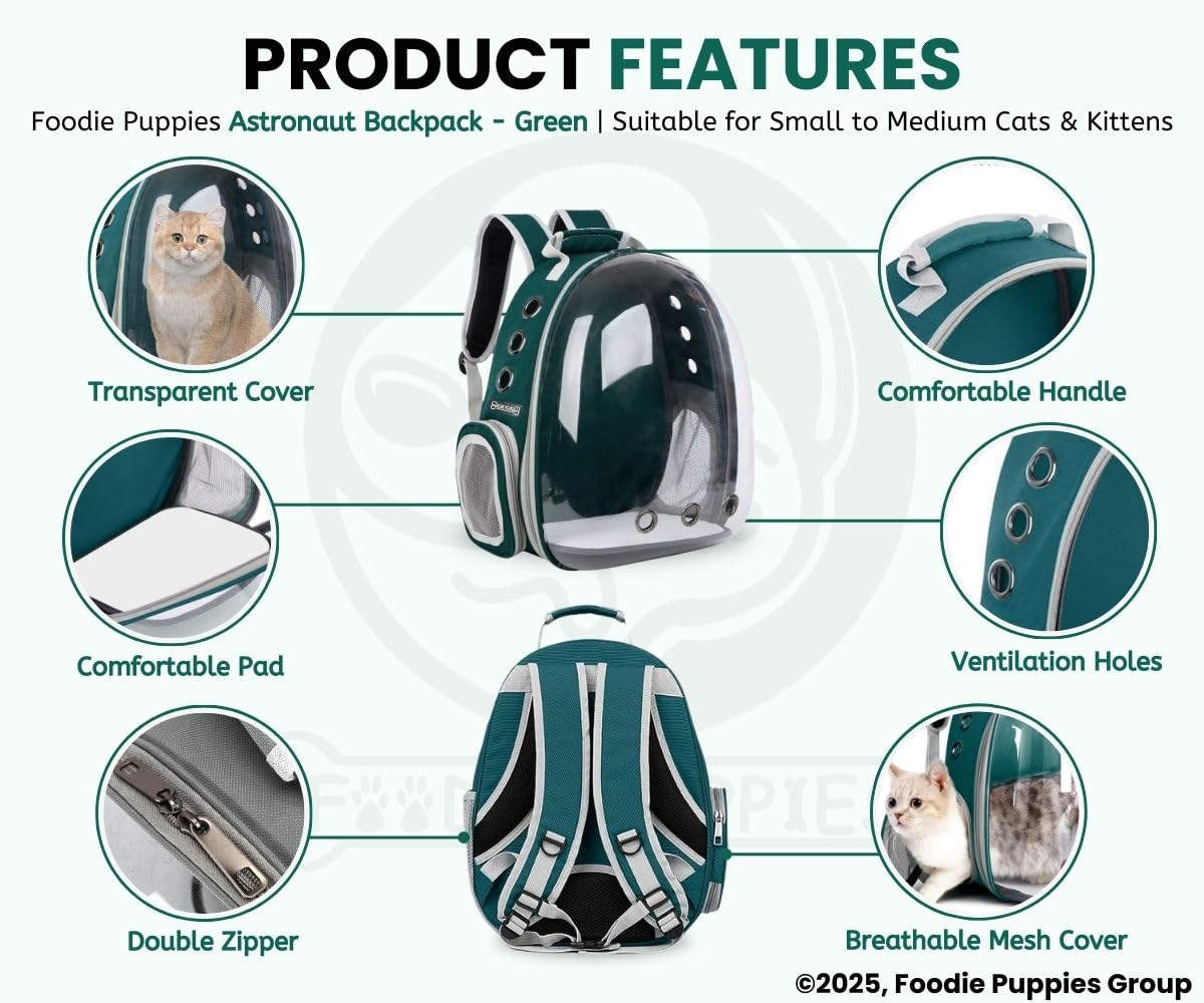 Foodie Puppies Cat Carrier Astronaut Transparent Backpack for Small Dogs, Puppies, Cats and Kittens (Green) | Travel, Hiking & Outdoor Pet Airline-Approved Bag with Breathable Design (35 x24 x40 cm) 2