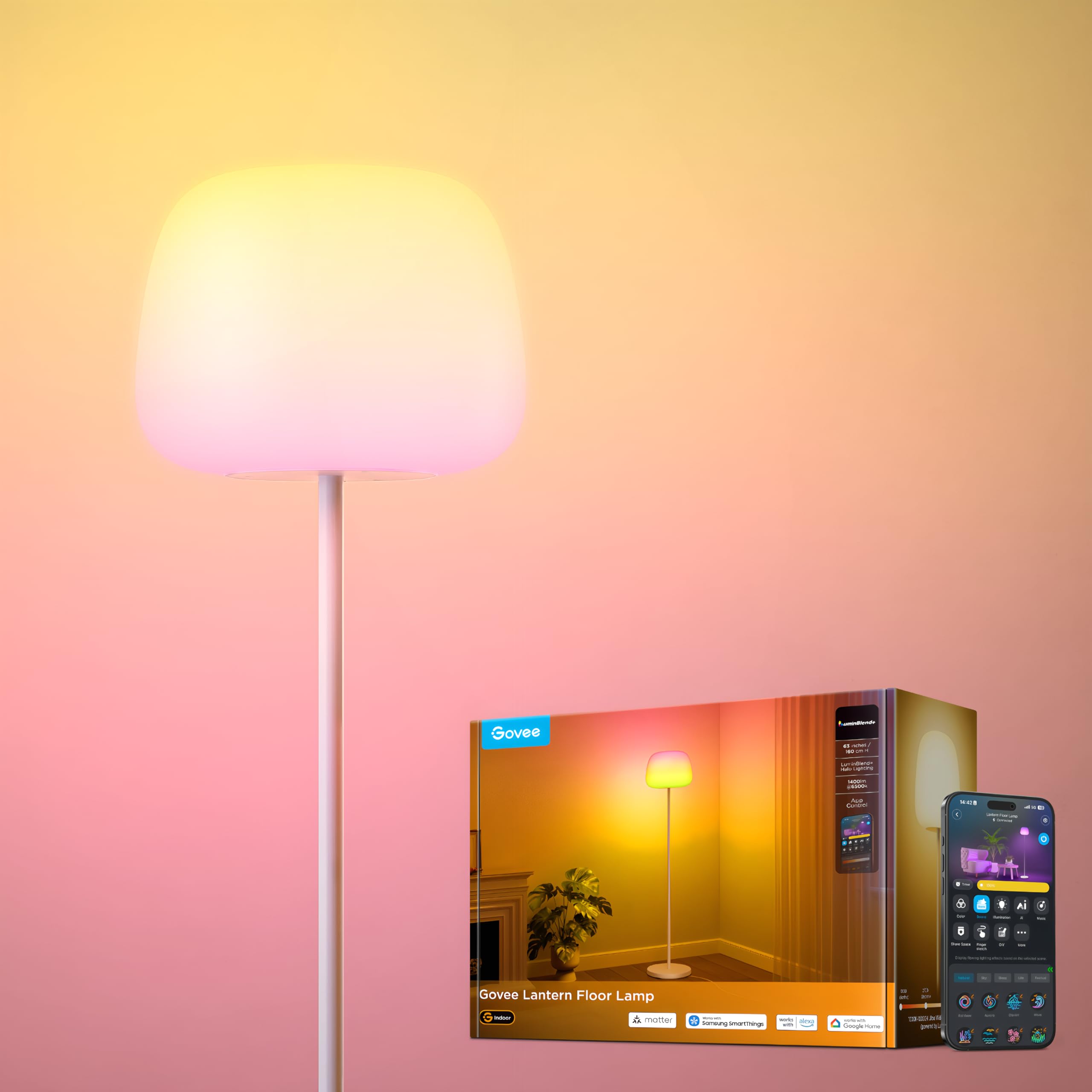 Govee Lantern Lampada da Terra, RGBICWW Lampada LED con Effetto Halo e 100 Scene, Dimmerabile 1000K-10000K e 1400lm, Matter e Alexa Compatibile, 160cm Luci per Soggiorno e Camera da Letto, Bianca