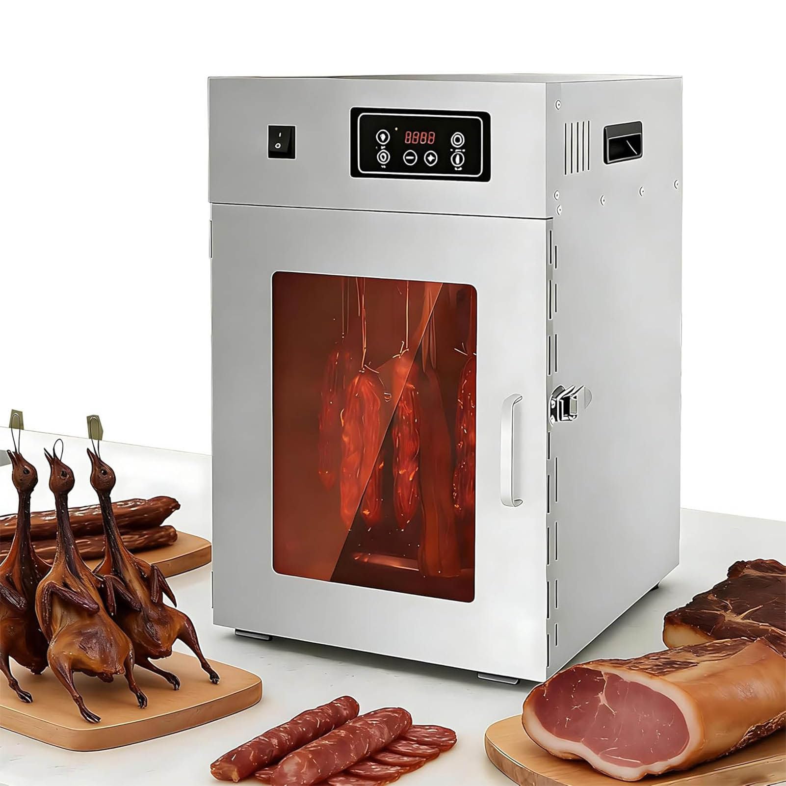 LJLYYDS 800W Dry Aging Food Drying Cabinet, 360° Rotary Stainless Steel Sausage Dryer,Stainless Steel Dry Ager Cabinet,Food Dehydrator for Jerky with Digital Control, 14 Hooks