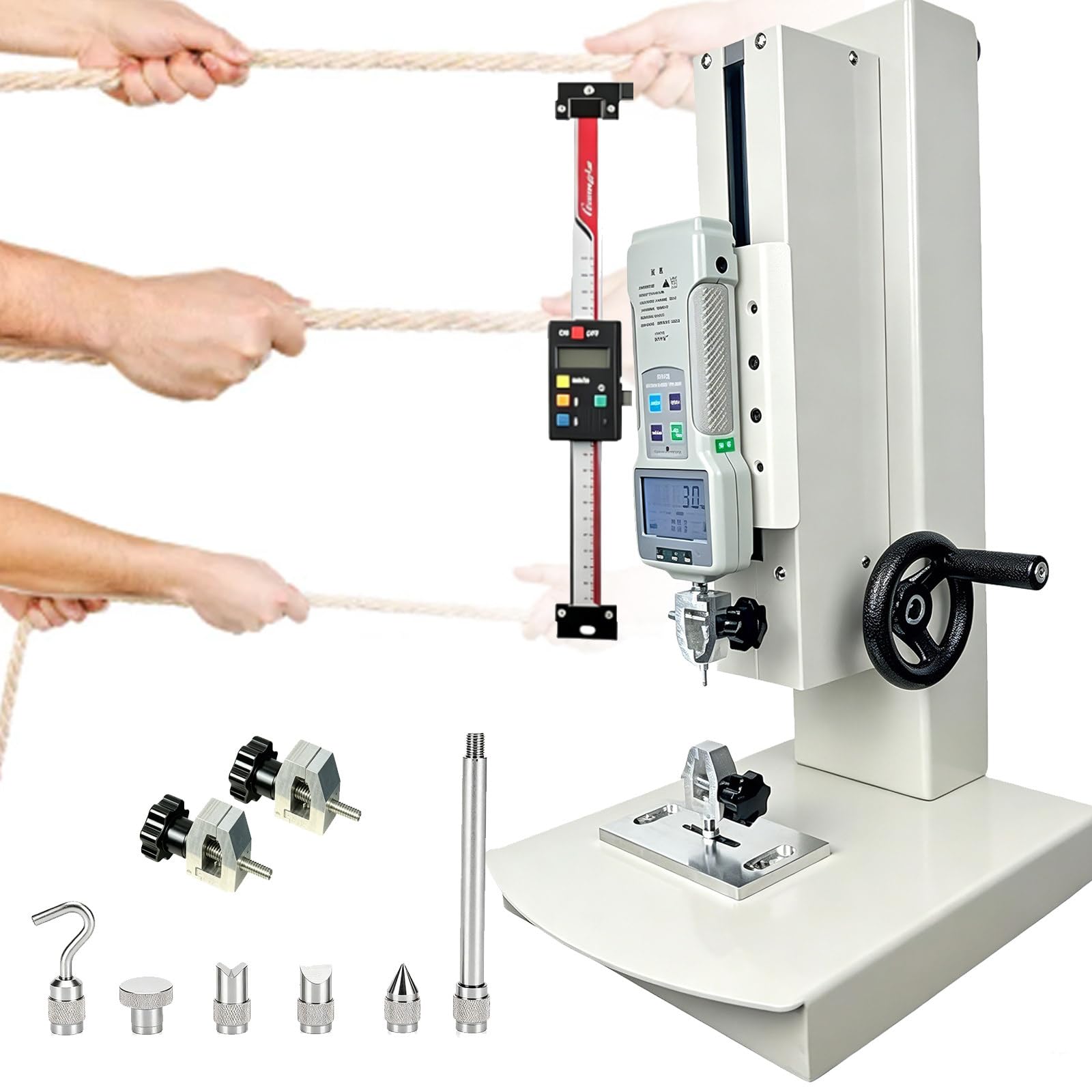 10-2000n Digital Pull Force Tester, Hand Crank Vertical Tensile Test Bench,With 5 Probes, 2 Testing Clamp, Can Store 999 Sets of Data, For Lab Tension, Pressure, Destructive Testing 1000N-WithRuler