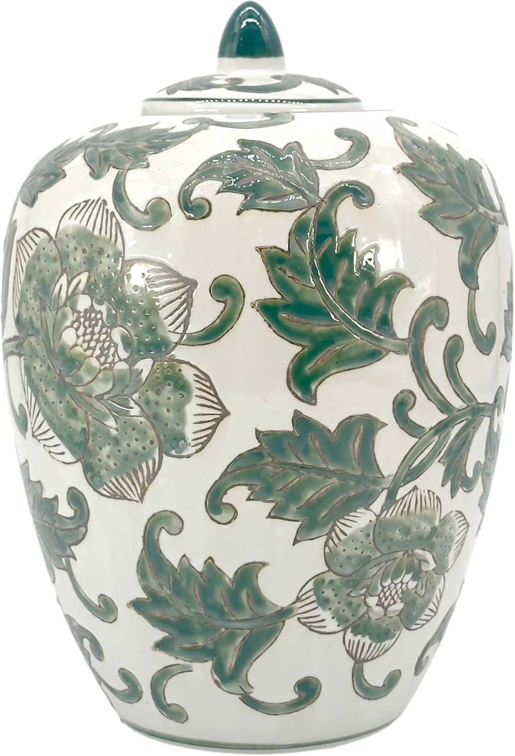 Galt International 11" White & Green Floral Ceramic Porcelain Ginger Jar Floral Home Décor Jar Urn Shape Vase