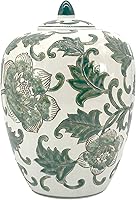 Galt International 11" White & Green Floral Chinoiserie Ceramic Ginger Jar Vase - Elegant Handcrafted Home Decor Urn