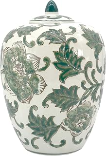 Galt International 11" White & Green Floral Chinoiserie Ceramic Ginger Jar Vase - Elegant Handcrafted Home Decor Urn