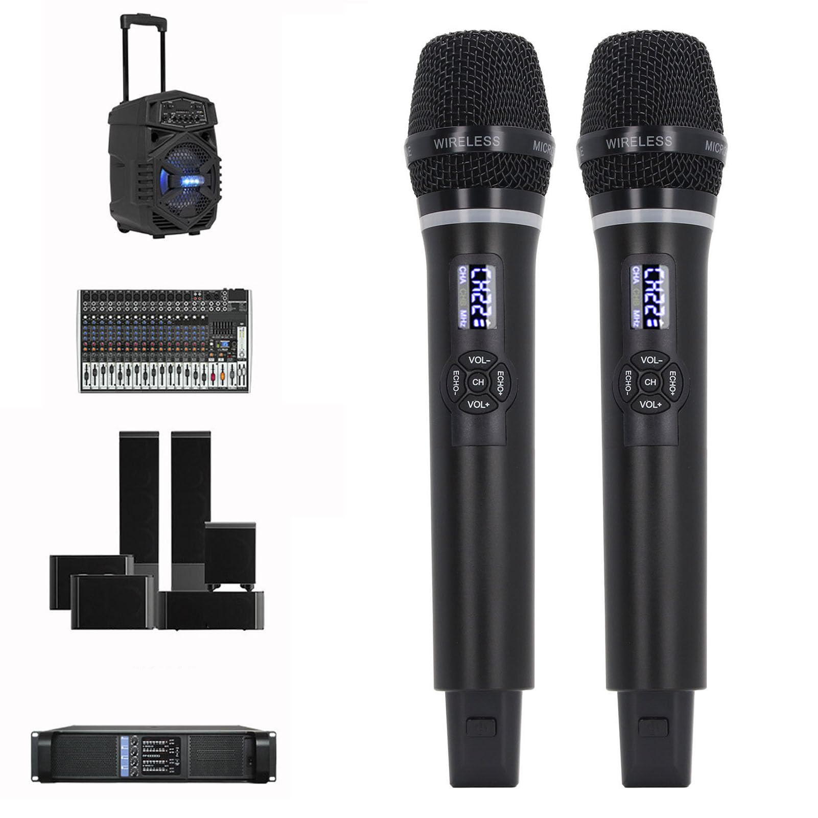 Drfeify Bezprzewodowy Dynamiczny Mikrofon Mikrofon Bezprzewodowy Ustaw Podwójny Dynamiczny z podnośniką z BT Długotrwałą Akumulator do Nagrywania Karaoke Stage Performance Studio