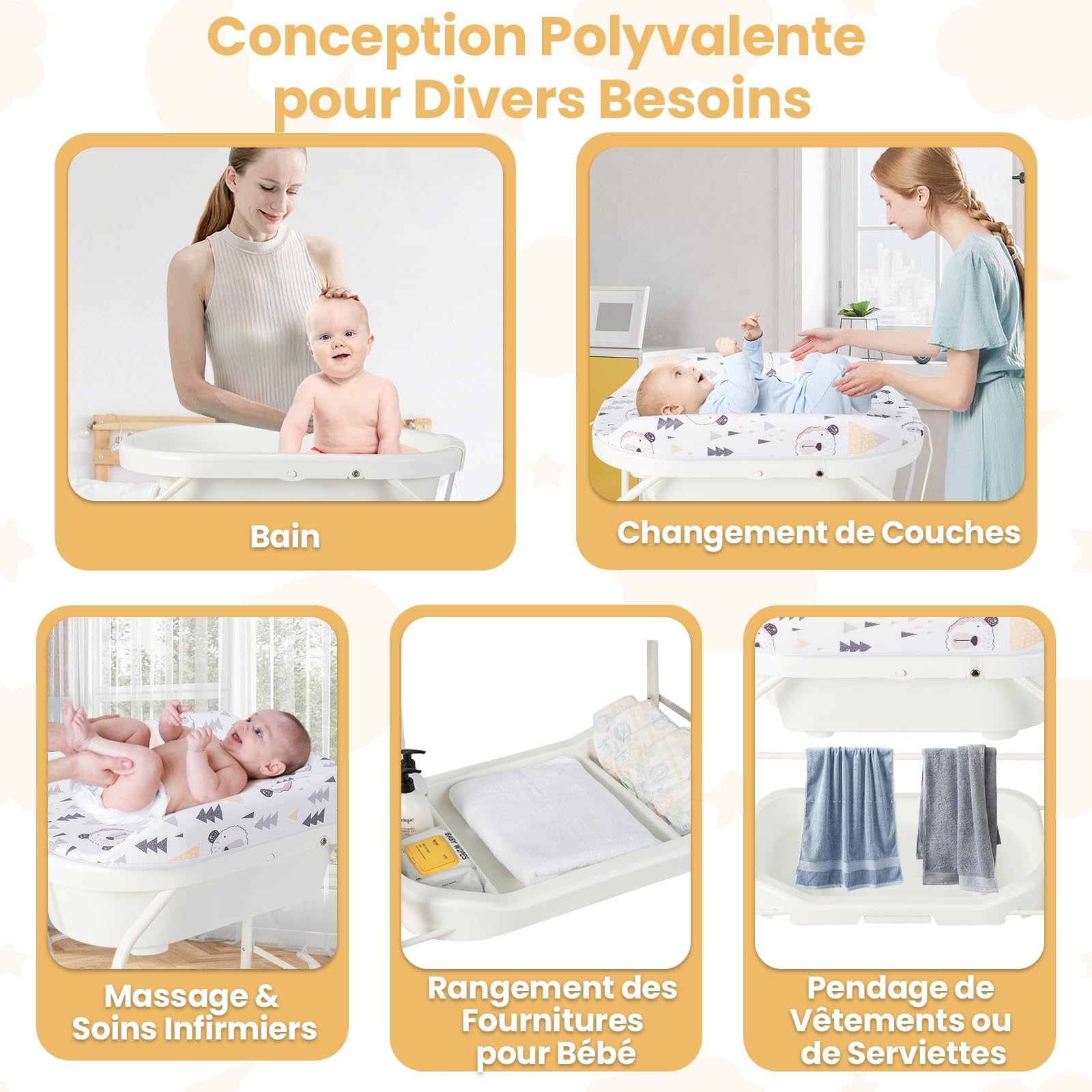 COSTWAY Table à Langer 2 en 1 avec Baignoire 20L Plateau de Rangement, Commode à Langer Pliable Couches Étanches Roue Universelle à Frein Charge 35KG, pour Bébé 0-12 Mois (Blanc)