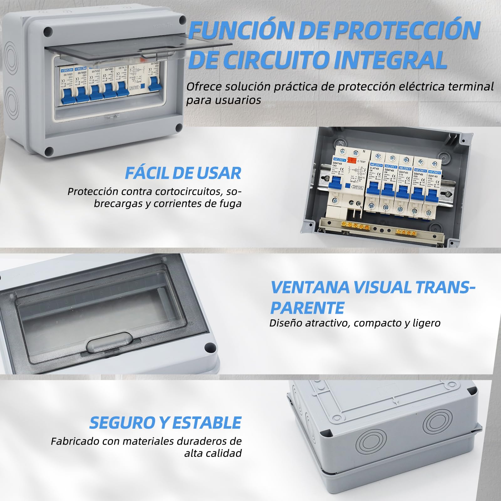 Caja de fusibles de superficie IP65 de 5 vías, 63 A, 30 mA, RCD 5MCB (2 × 1P6 A + 1P10 A + 1P20 A + 1P32 A) para autocaravanas, garajes y talleres (5 vías)