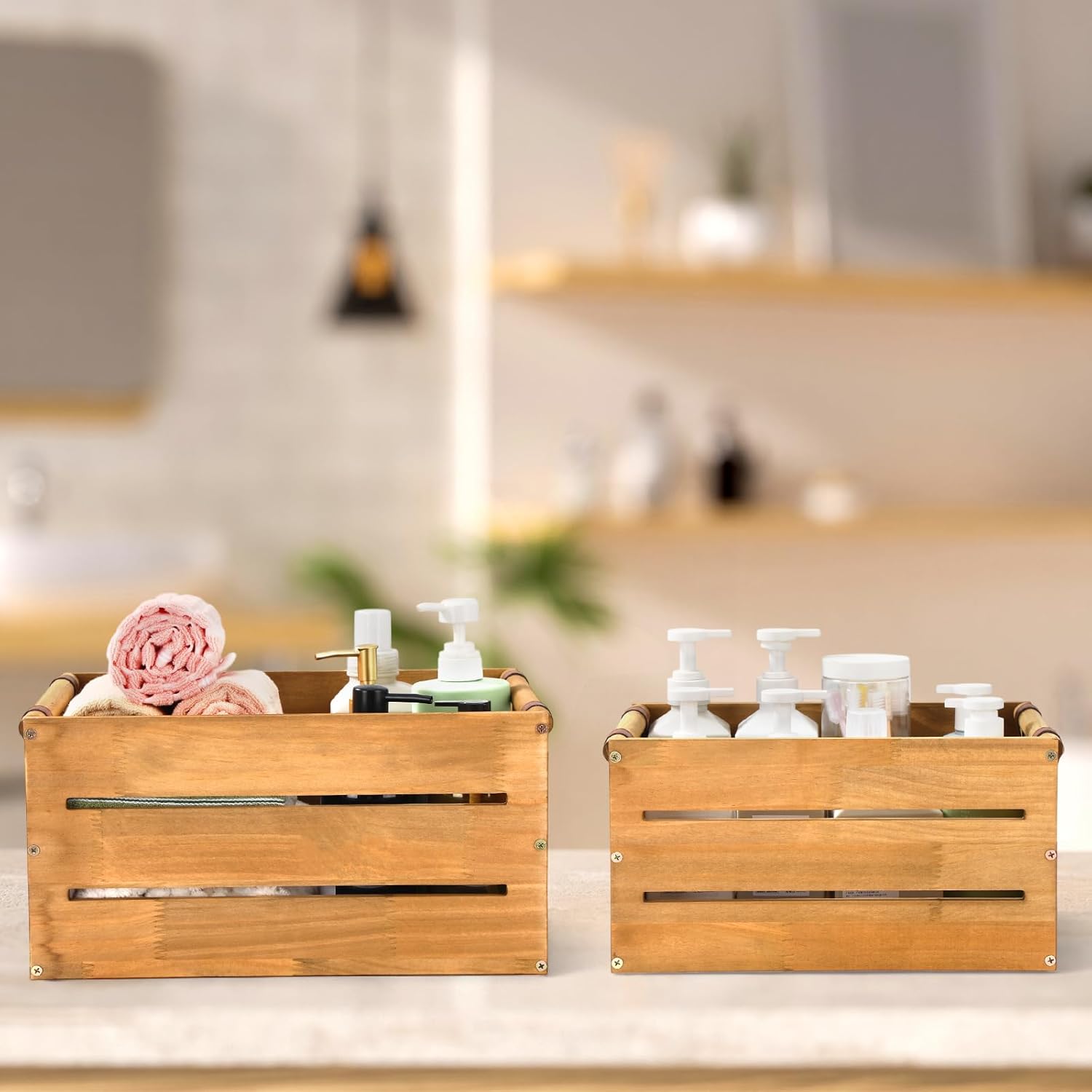 Chunful Set of 2 Rustic Wooden Crate Large Farmhouse Wood Storage Container Boxes with Cutout Handles 15.3 x 11x 7.8 and 13.3 x 9.4 x 7 Inch Vintage Decorative Crate for Display Home Decor