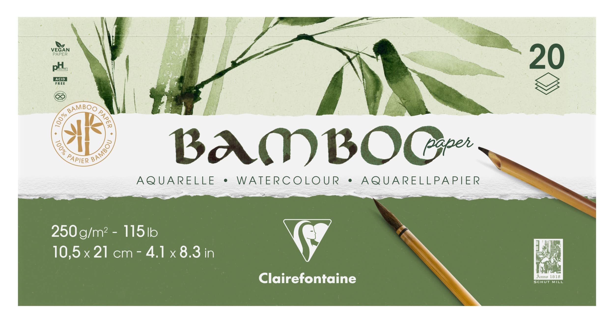 Clairefontaine 975912C, Double-sided pad Bamboo, 20 sheets 100% bamboo watercolour paper, natural white, vegan