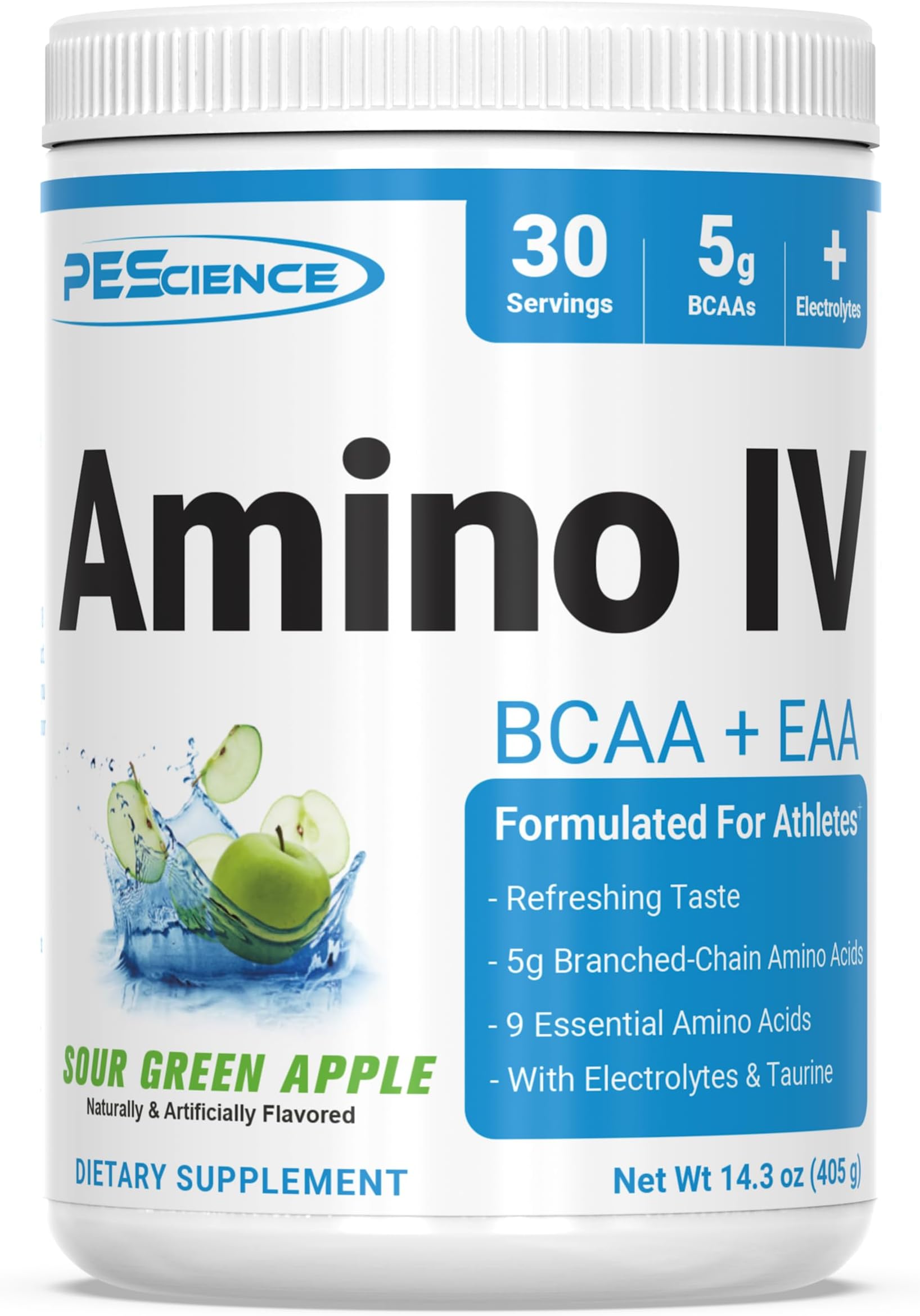 PEScience Amino IV BCAA & EAA Powder, Essential Amino Acids, Taurine, Electrolytes for Hydration and Muscle Recovery, Sugar Free for Men & Women, Post Workout - Sour Green Apple, 30 Servings
