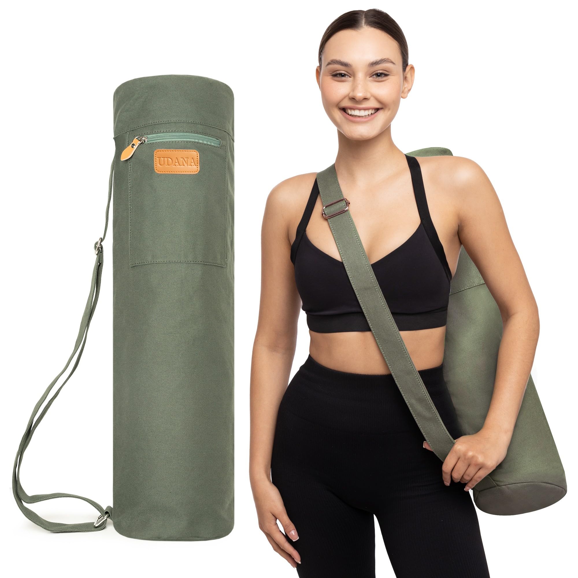 UDANA Yoga Mat Bag – Forest Green – Large Fit (Fits Mats Up to 27" x 6.5") – Extra Roomy Yoga Carrier with 3 Pockets – Travel, Studio, Gym