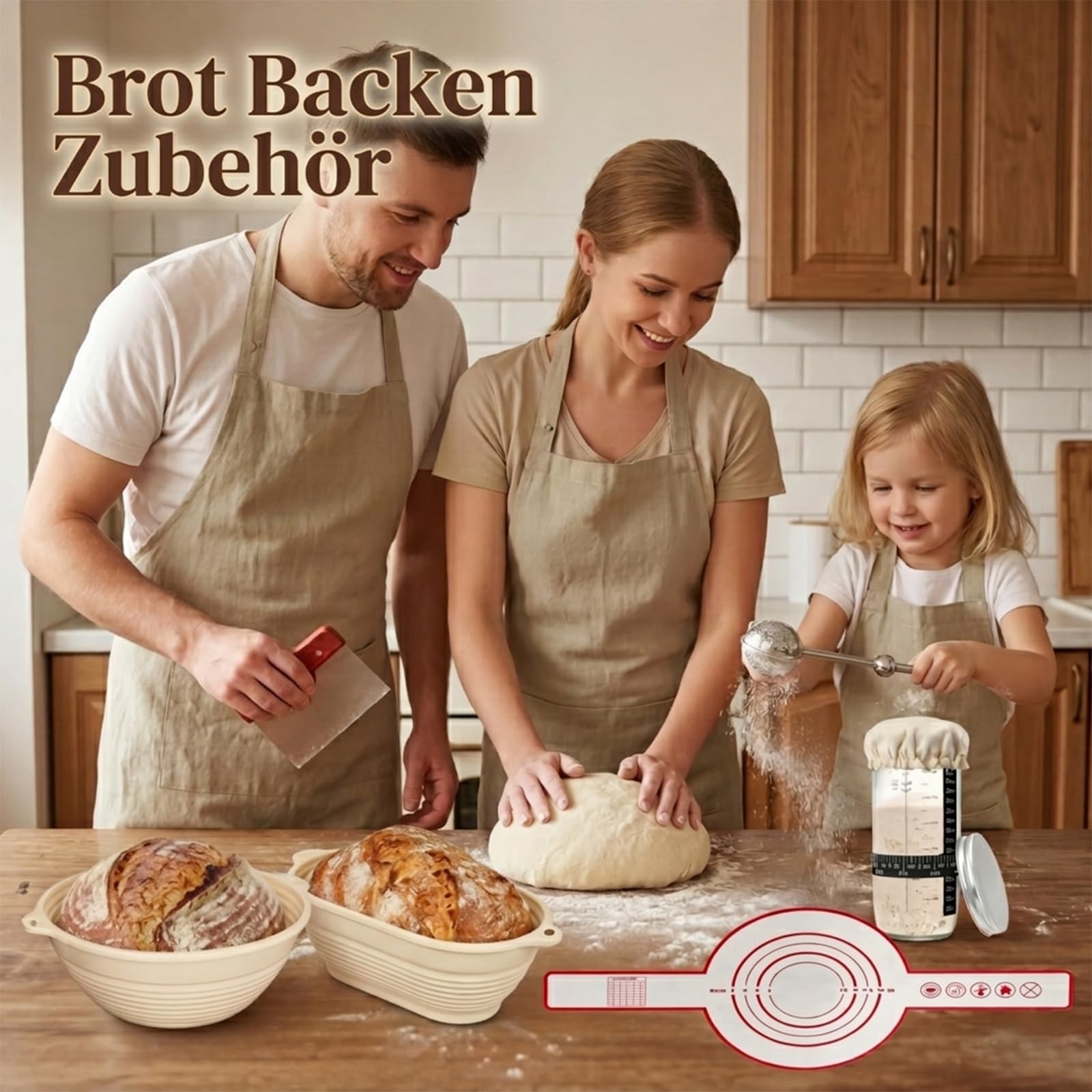 Sauerteig Starter Set, Brot backen Zubehör 24 teilig, Gärkorb Brot Rund 23cm und Oval 25cm, Brotkorb zum Backen, Brotgärkorb mit 650ml Glas, Silikon für Anfänger und Profi Bäcker, BPA frei