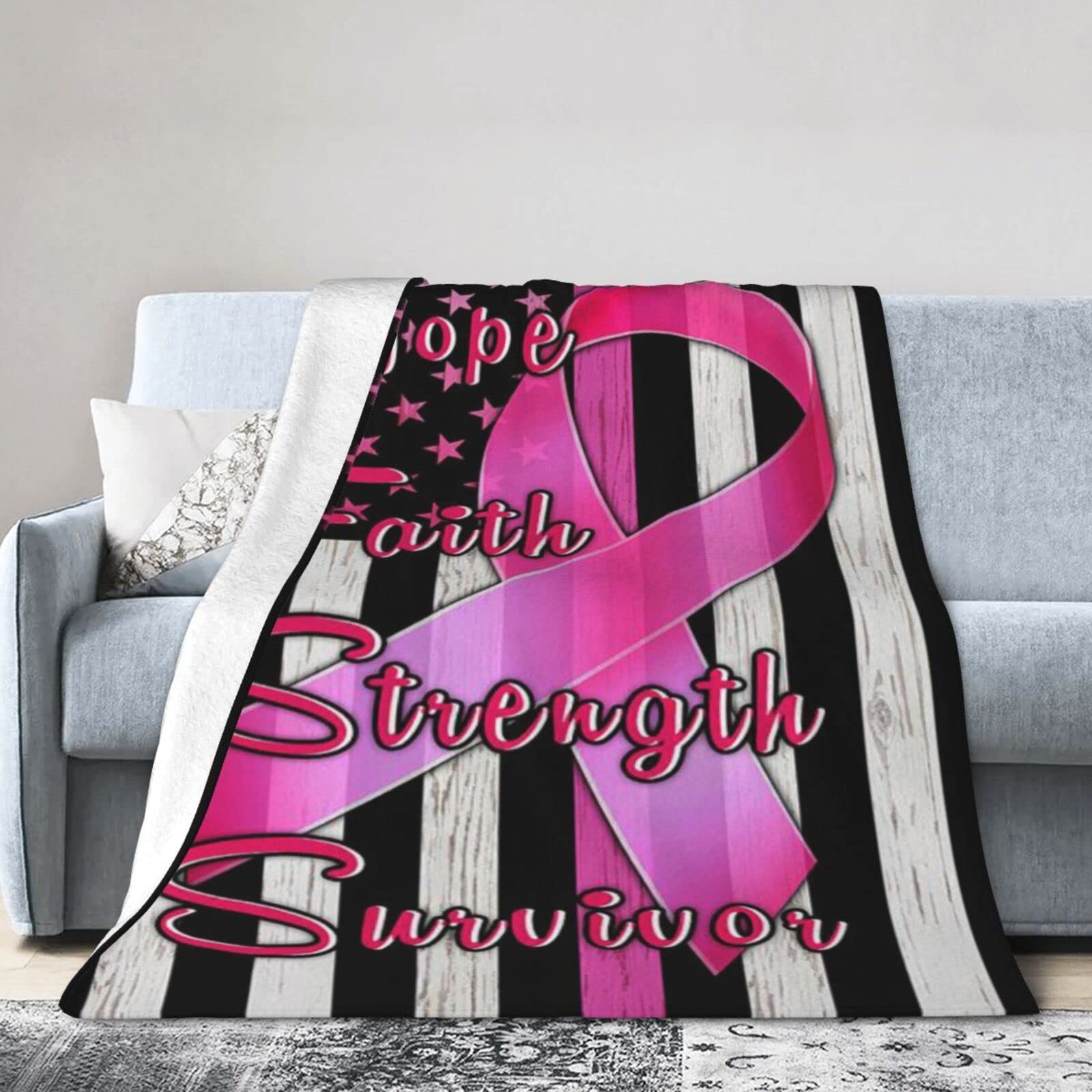 Lsjuee Flannel Fleece Blanket 50"X40" Breast Cancer Survivor Ribbon Hope Faith Strength Sofa Throw Blanket Quality Ultra-Soft Travel Winter Blankets for Boys Keep Warm