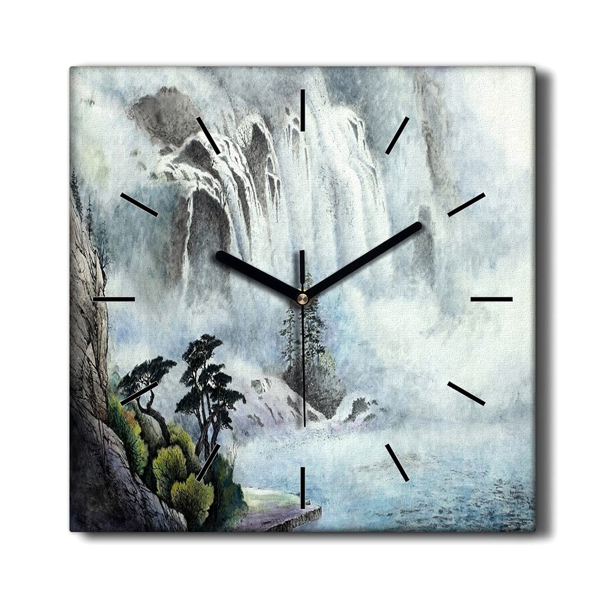 Horloge sur toile 30x30cm pour le salon motif rivière et cascade sauvage