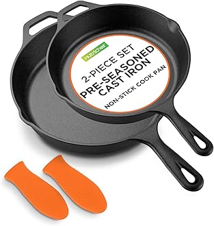 NutriChef 10" & 12" Pre-Seasoned Cast Iron Pans - Durable Nonstick Skillets, Cool-Touch Silicone Handle, For Oven, Grill & All Stovetops