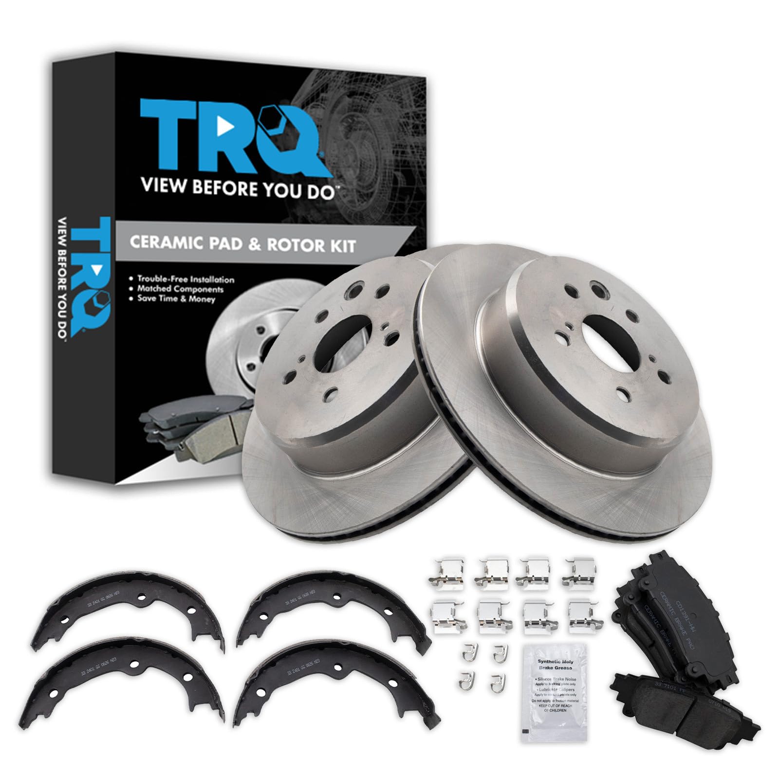TRQ Rear Brake Pad and Rotor Set Ceramic Compatible with 2013-2020 Lexus GS350 2013-2018 GS450h 2016-2017 GS200t IS200t RC200t 2018-2019 GS300 2014-2020 IS350 2016-2020 IS300 RC300 2015-2020 RC350