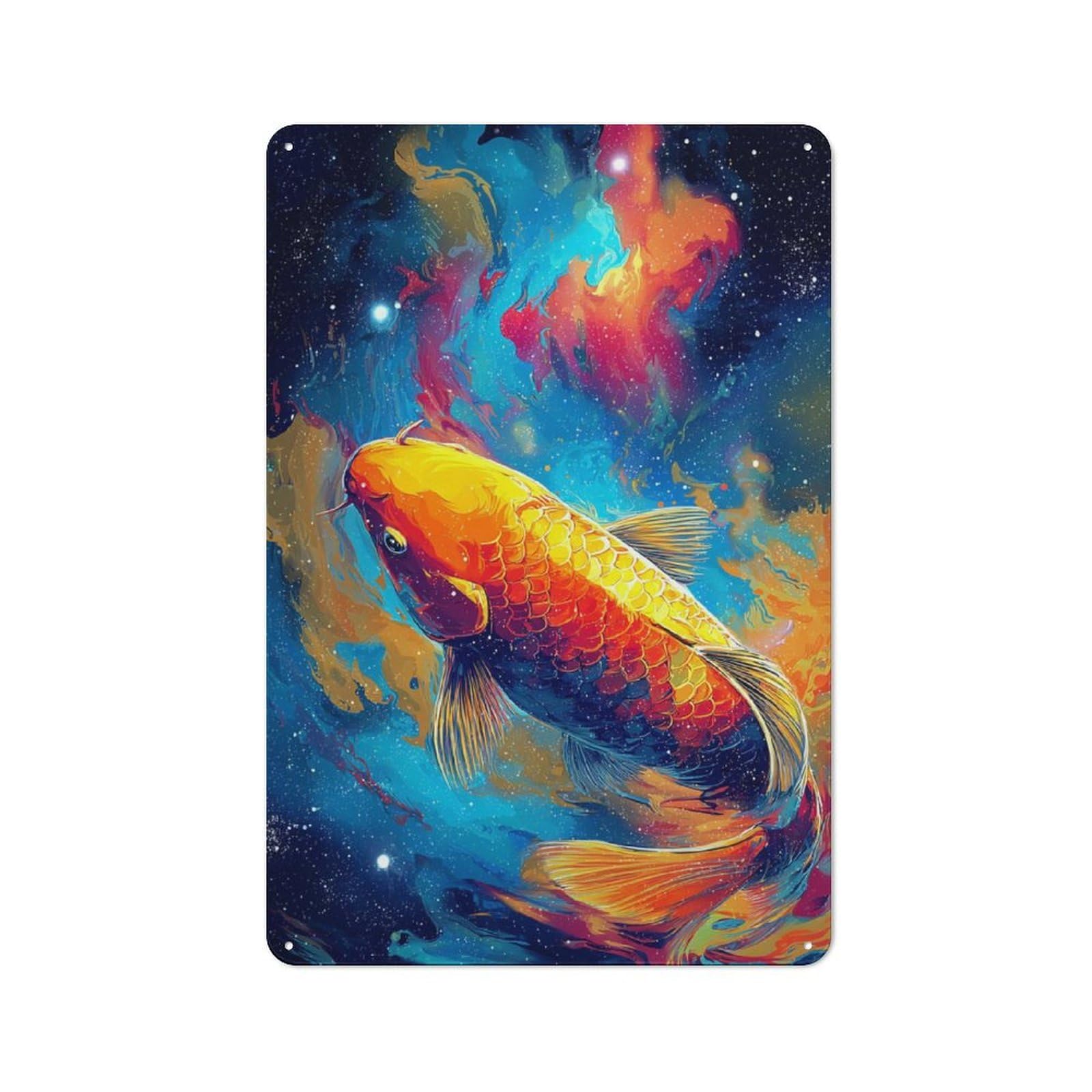 Metal Wall Plaque with Galactic Koi Cosmic Artwork Design 30x20cm, Old Fashioned Vintage Wall Decor for Living Room, Hallway, Kitchen Or Cafe
