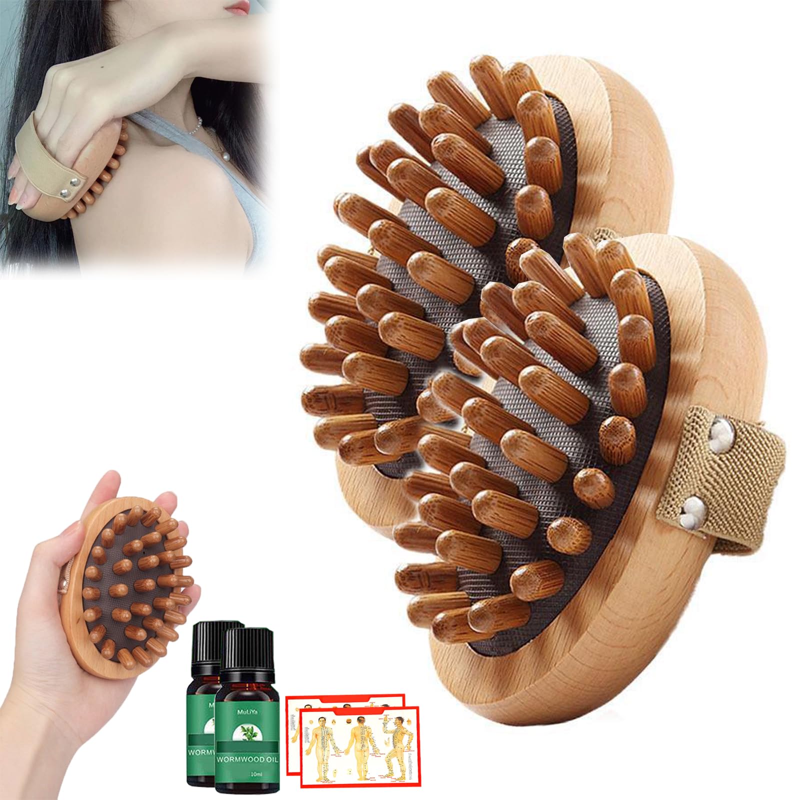 Meridian Pressure Brush, Sunmoon Meridian Brush, Bamboo Brush and Oil Set with Oil, Wood Brush for Belly Fat, Beauty Salon Professional Custom Meridian Brush, Full Body Relaxation Comb (2Pcs)